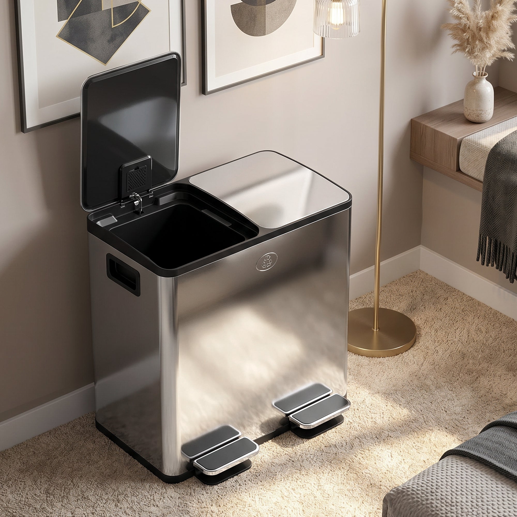 Trash Can, 2 x 5 Gallon Stainless Steel Garbage Can with Soft Close, Stay-Open Lid, Pedals, Inner Buckets and Deodorizer Compartment, Fingerprint-Proof, for Kitchen, Home Office, Silver