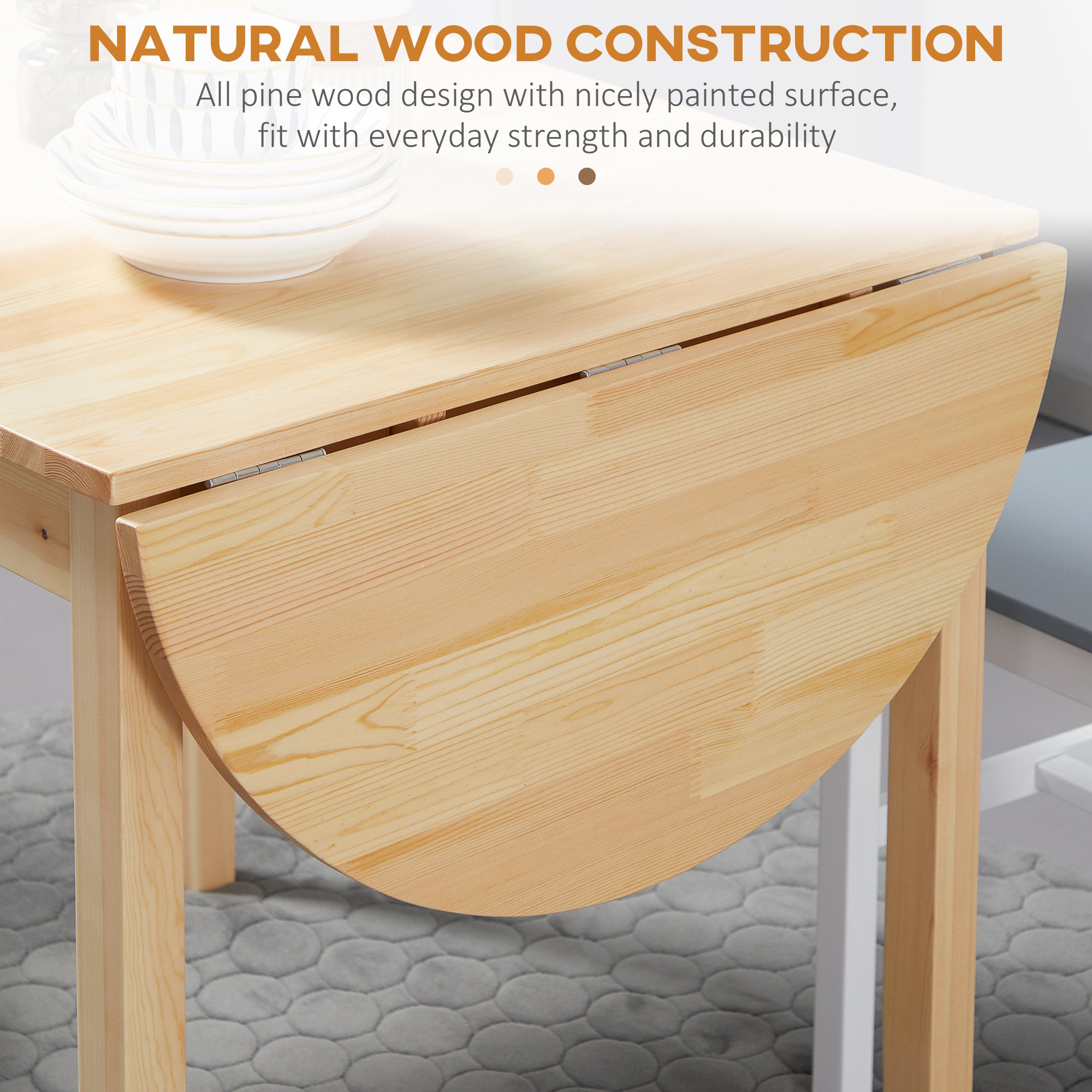HOMCOM Solid Wood Kitchen Table, Drop Leaf Tables for Small Spaces, Folding Dining Table, Natural