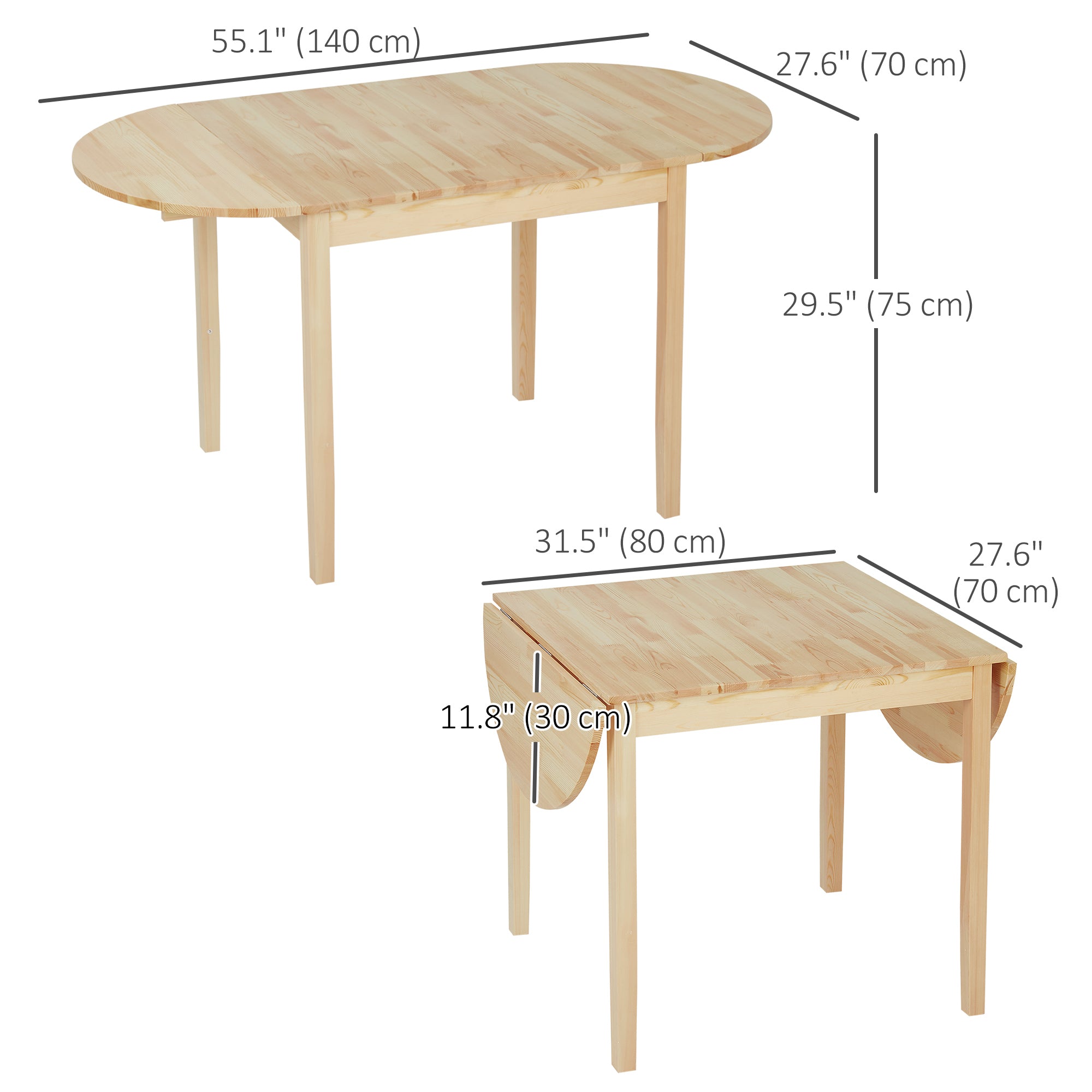 HOMCOM Solid Wood Kitchen Table, Drop Leaf Tables for Small Spaces, Folding Dining Table, Natural