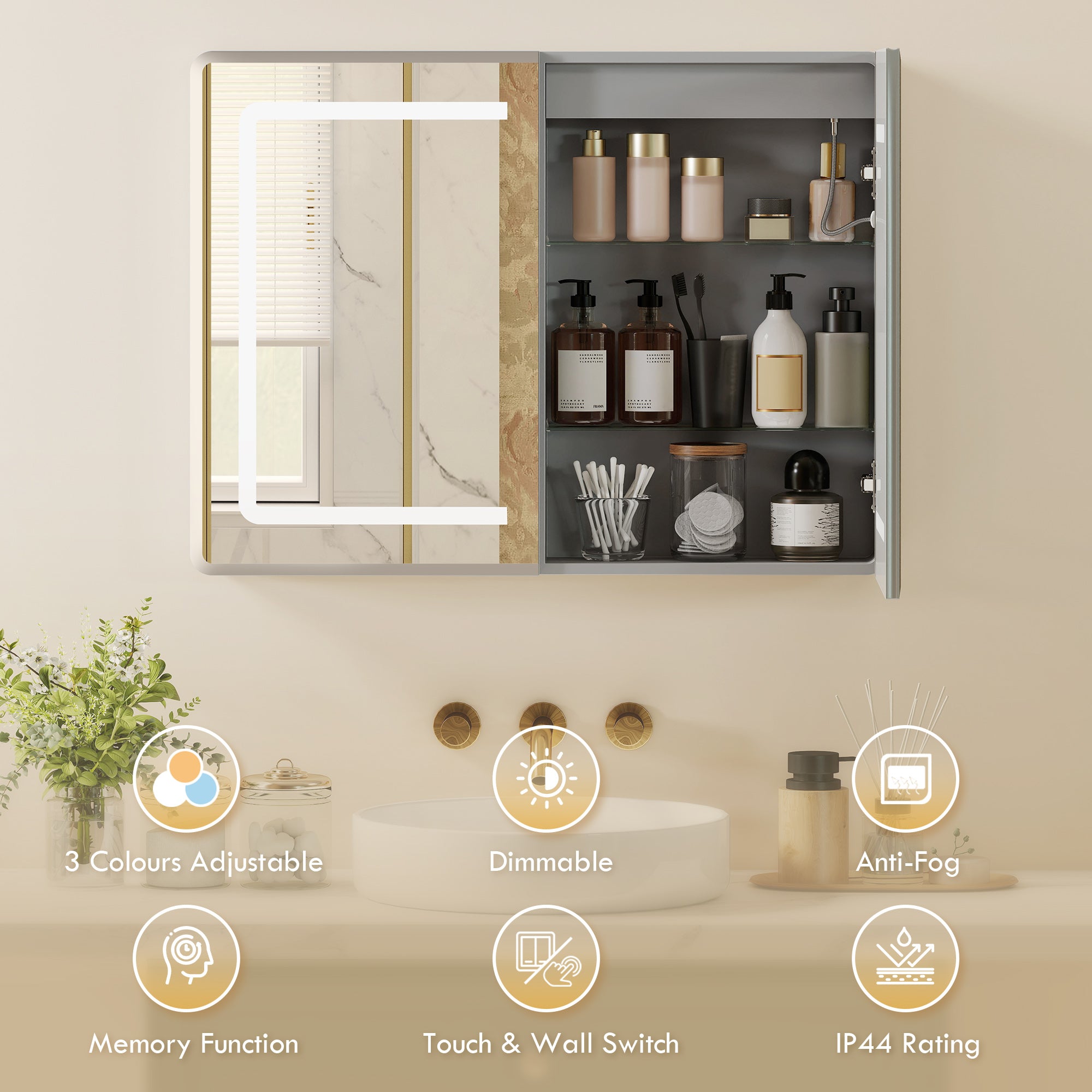 Bathroom Mirror Cabinet with LED Lights and Double-Sided Mirrors, 600 x 800 mm Aluminium Wall Mounted Bathroom Cabinet with Anti-Fog, 3 Colour Dimmable Lighting, Adjustable Shelves