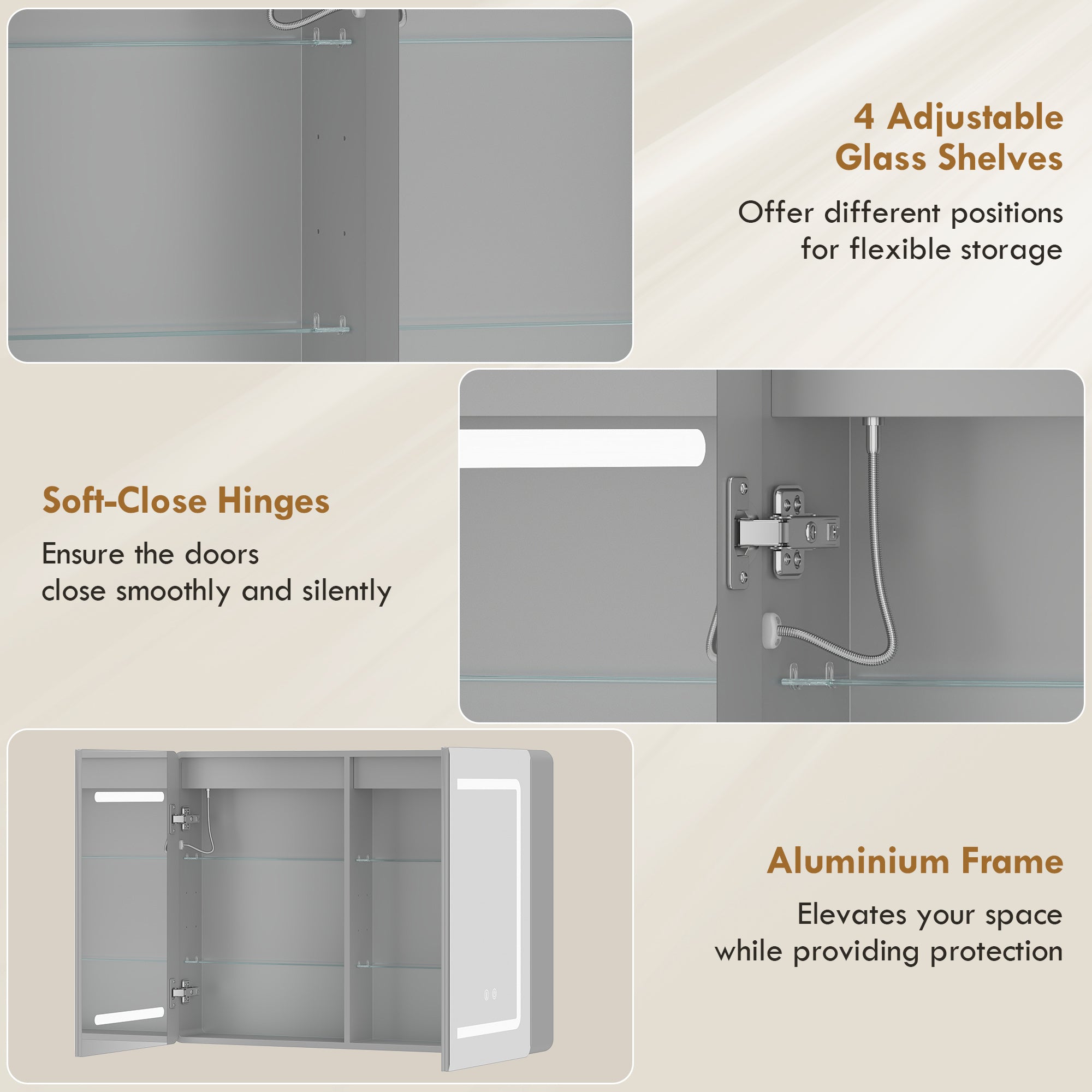 Bathroom Mirror Cabinet with LED Lights and Double-Sided Mirrors, 600 x 800 mm Aluminium Wall Mounted Bathroom Cabinet with Anti-Fog, 3 Colour Dimmable Lighting, Adjustable Shelves