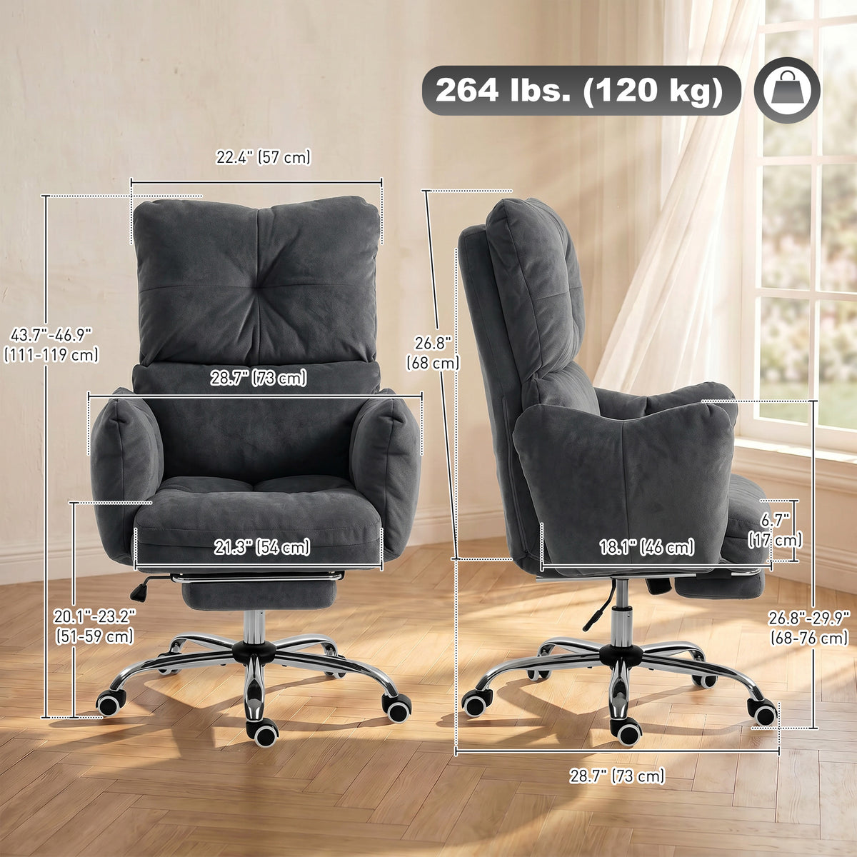 Office Chair with Foot Rest, Ergonomic Reclining Computer Gaming Chair with Snow Flannel Fabric, Thick Cushion, Padded Armrest, High Back and Adjustable Height, Dark Grey