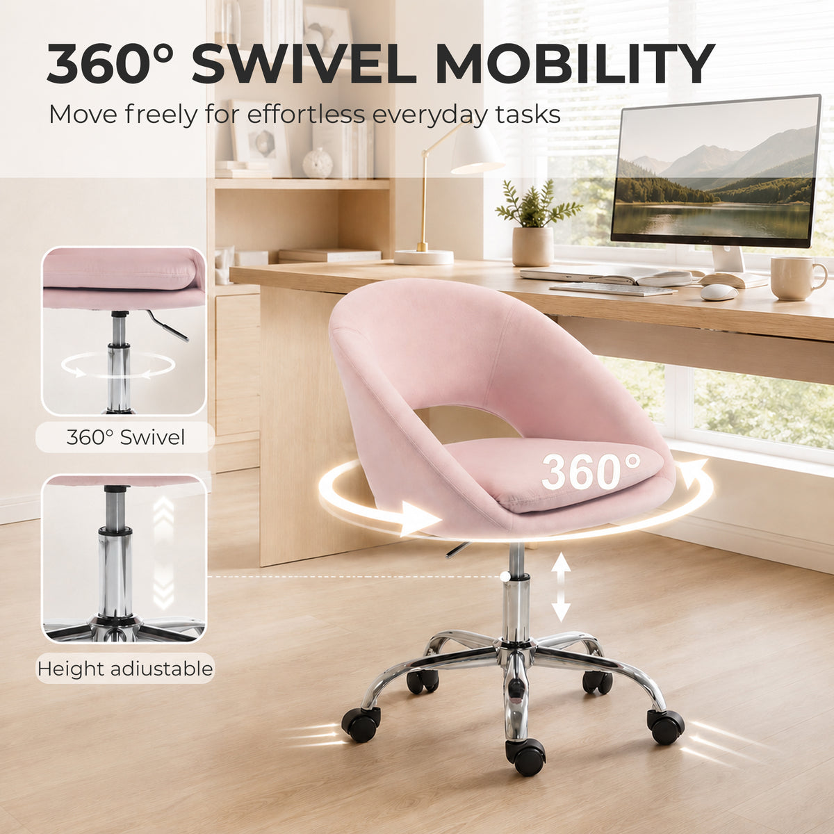 Modern Office Chair, Velvet Desk Chair with Swivel Seat, Height-Adjustable, with Wheels, for Home Study, Bedroom, Pink