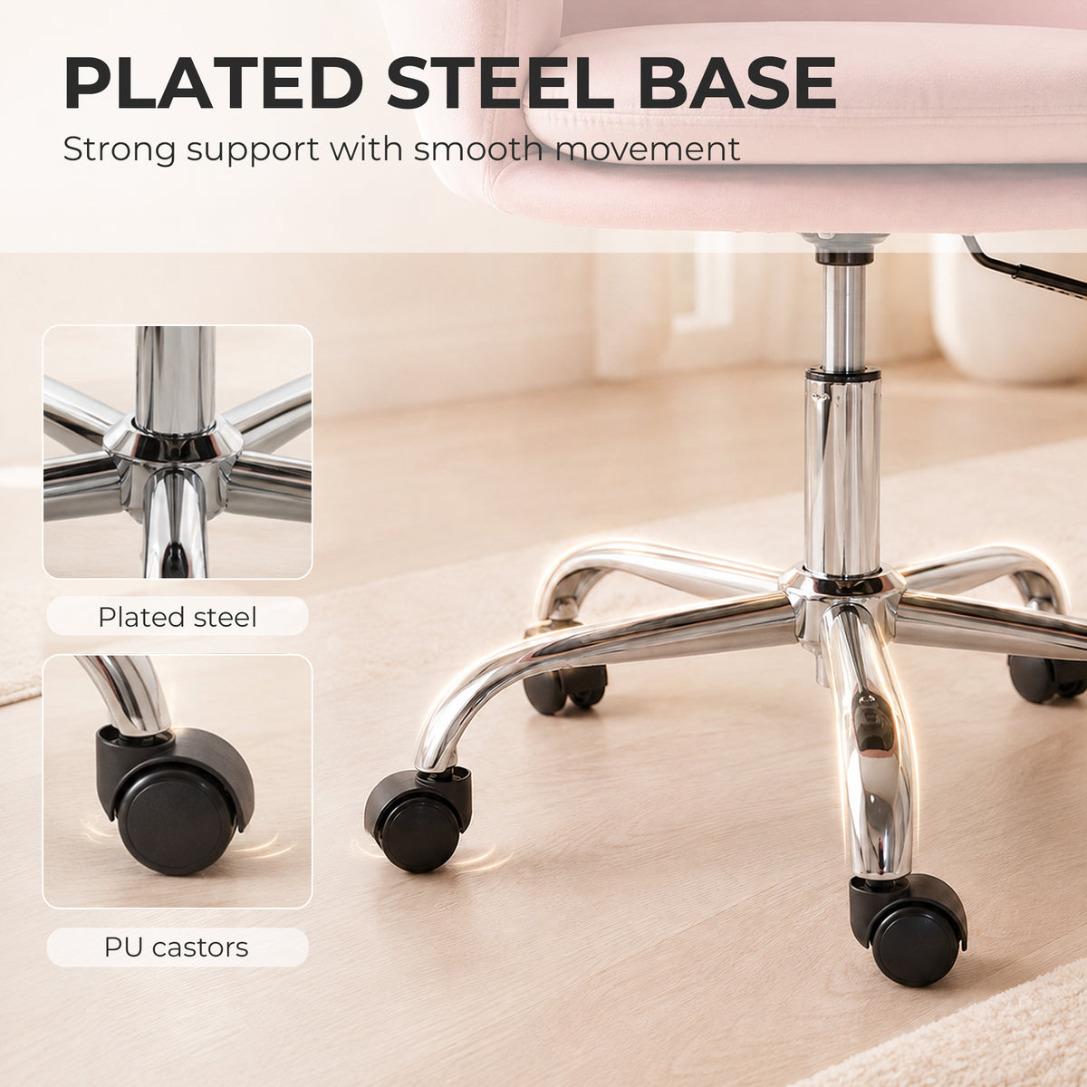 Modern Office Chair, Velvet Desk Chair with Swivel Seat, Height-Adjustable, with Wheels, for Home Study, Bedroom, Pink