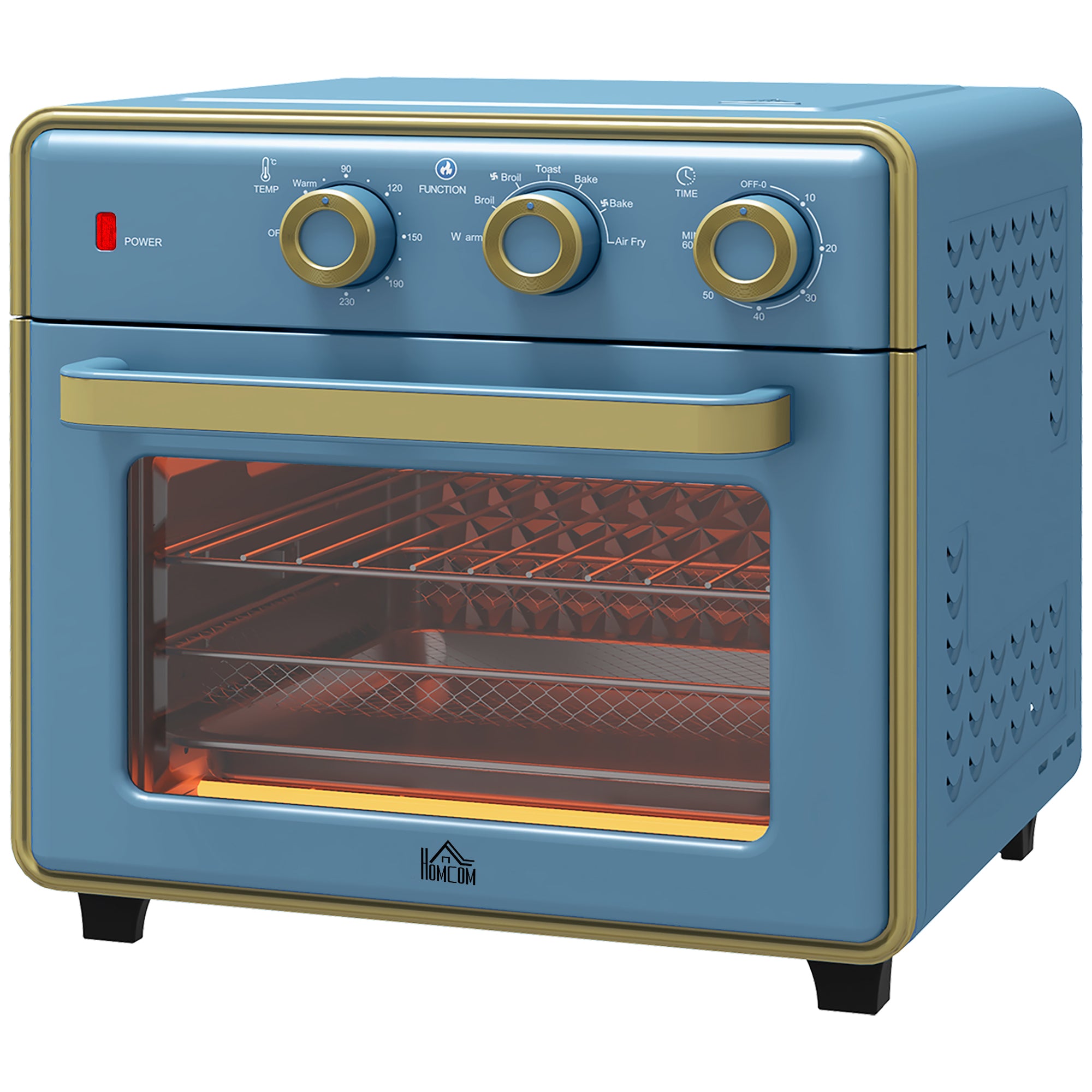 HOMCOM 20L Countertop Mini Oven, 7-in-1 Toaster Oven with Warm, Broil, Toast, Bake, Air Fryer Setting, Timer, Adjustable Thermostat, 4 Dishwasher Safe Accessories, 1400W, Blue