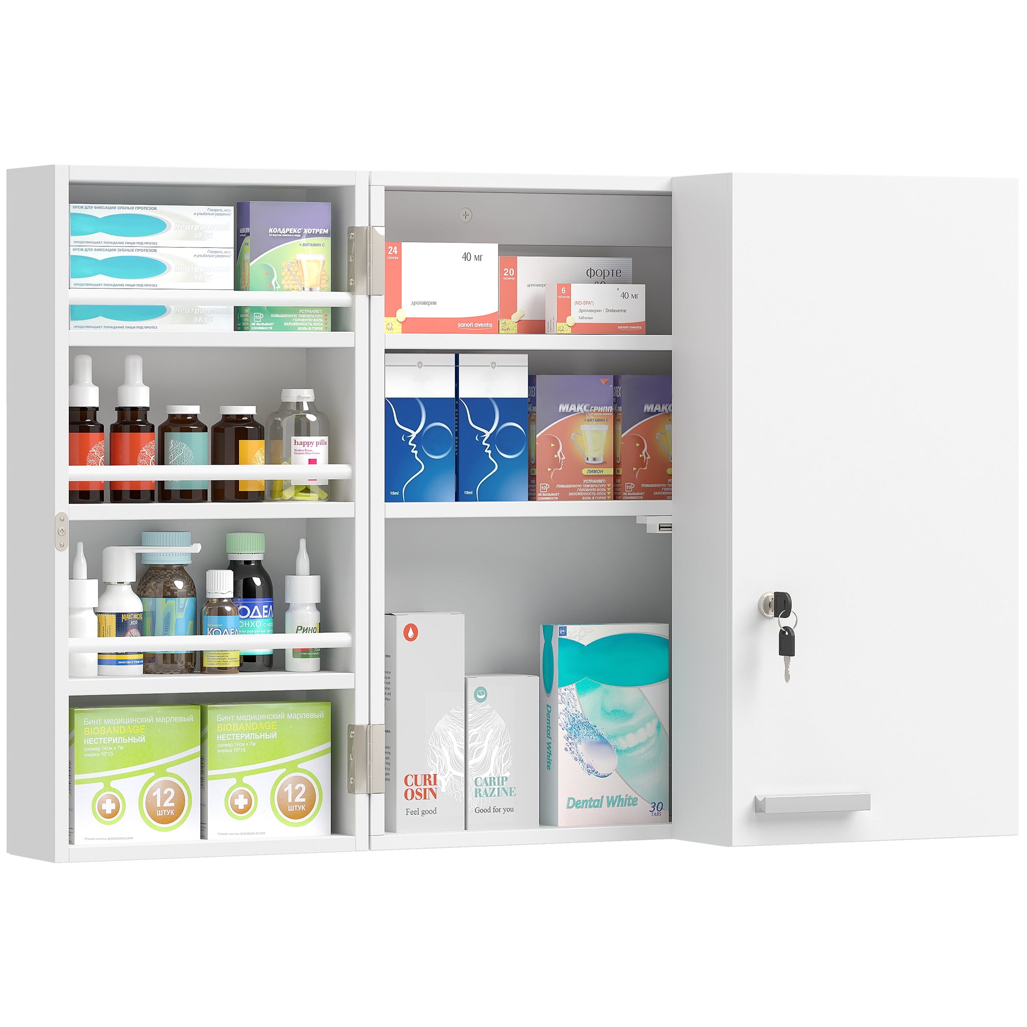 Wall Mount Medicine Cabinet with Key Lock, 3 Tier First Aid Cabinet with 2 Doors and 11 Storage Compartments, Medical Organiser for Bathroom, Home Office, 53 x 20 x 53 cm, White