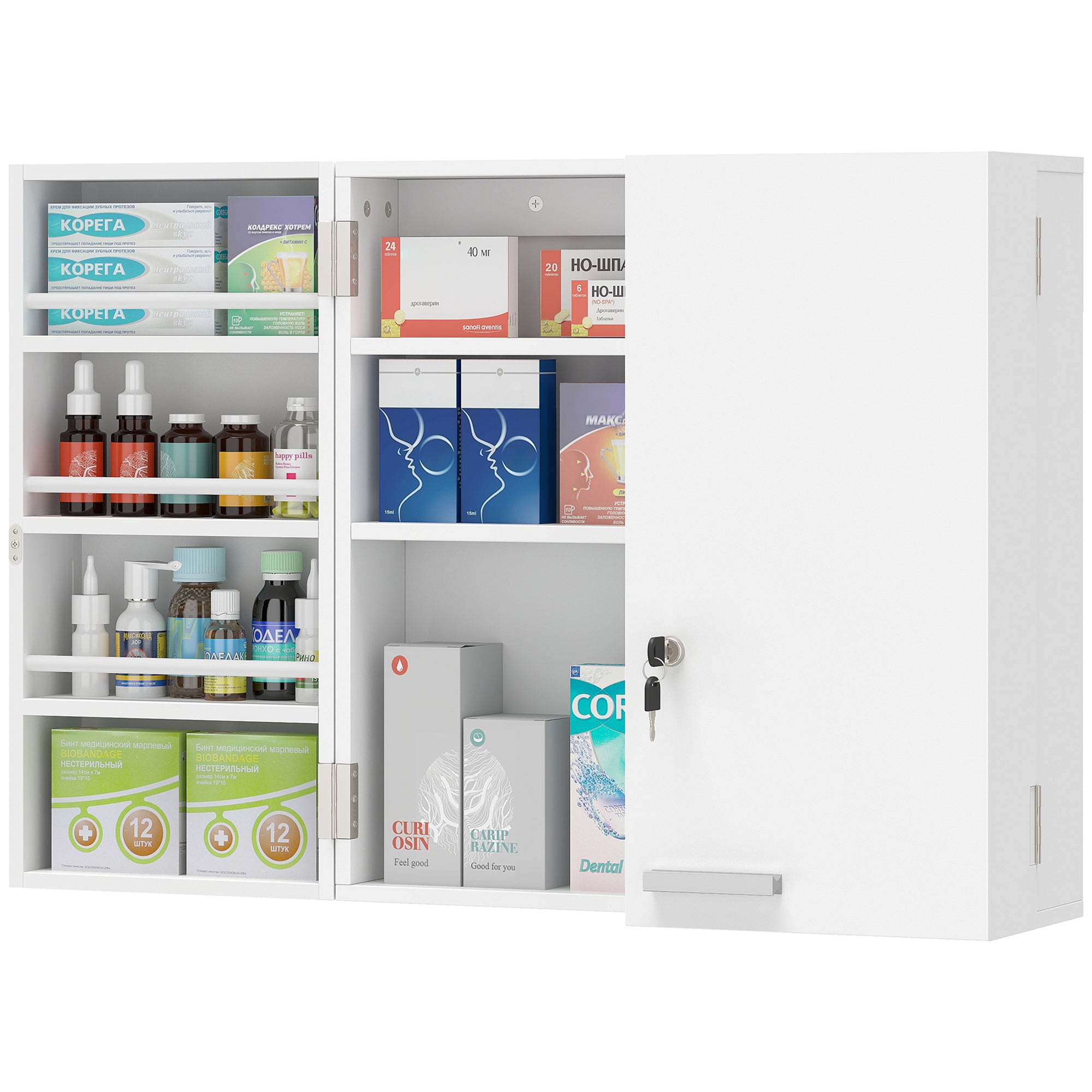 Wall Mount Medicine Cabinet with Key Lock, 3 Tier First Aid Cabinet with 2 Doors and 11 Storage Compartments, Medical Organiser for Bathroom, Home Office, 53 x 20 x 53 cm, White