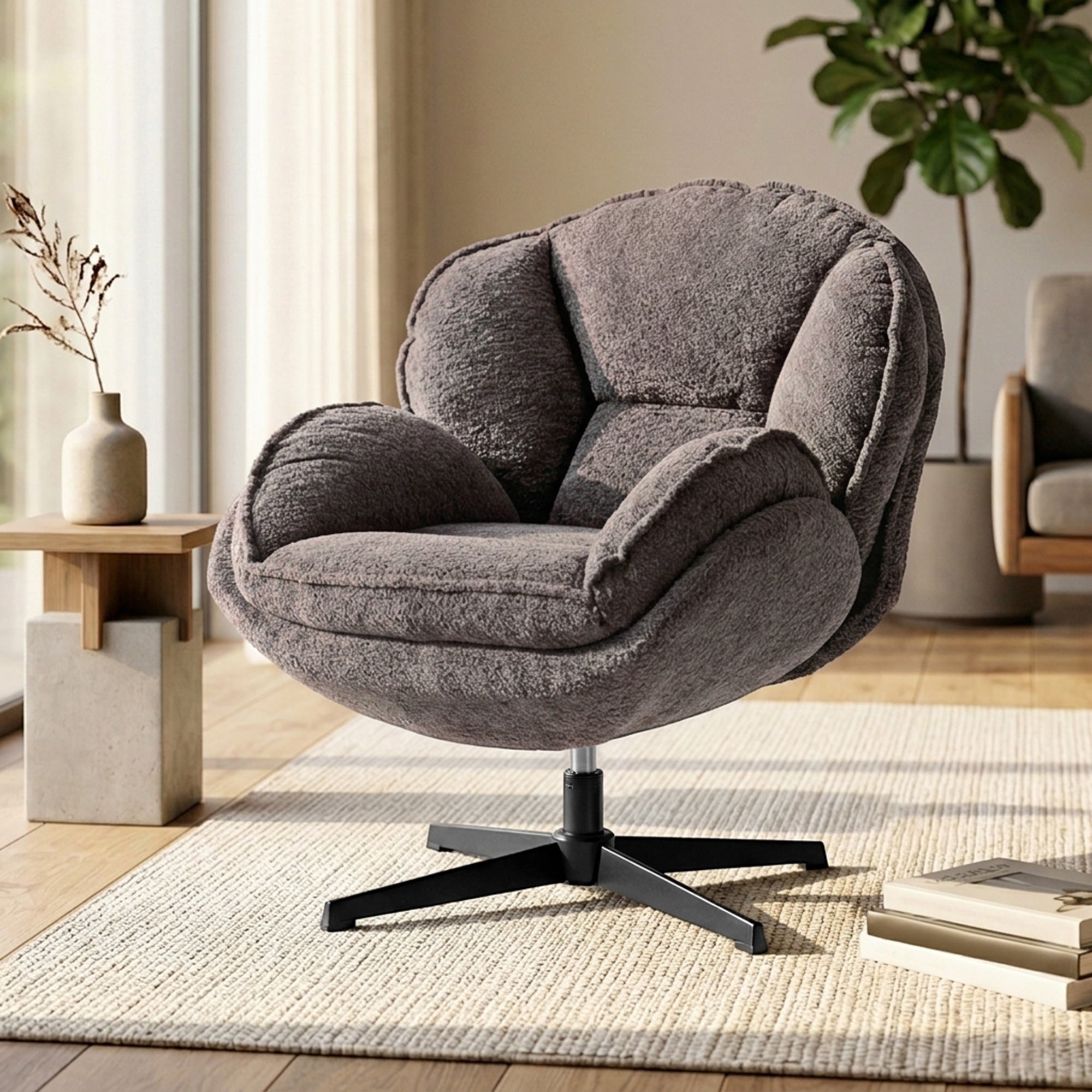 Modern Wingback Accent Chair, Velvet Armchair with 360° Swivel, Four-Star Base, S-Springs, Bedroom Chair for Living Room, Bedroom, Study, Grey