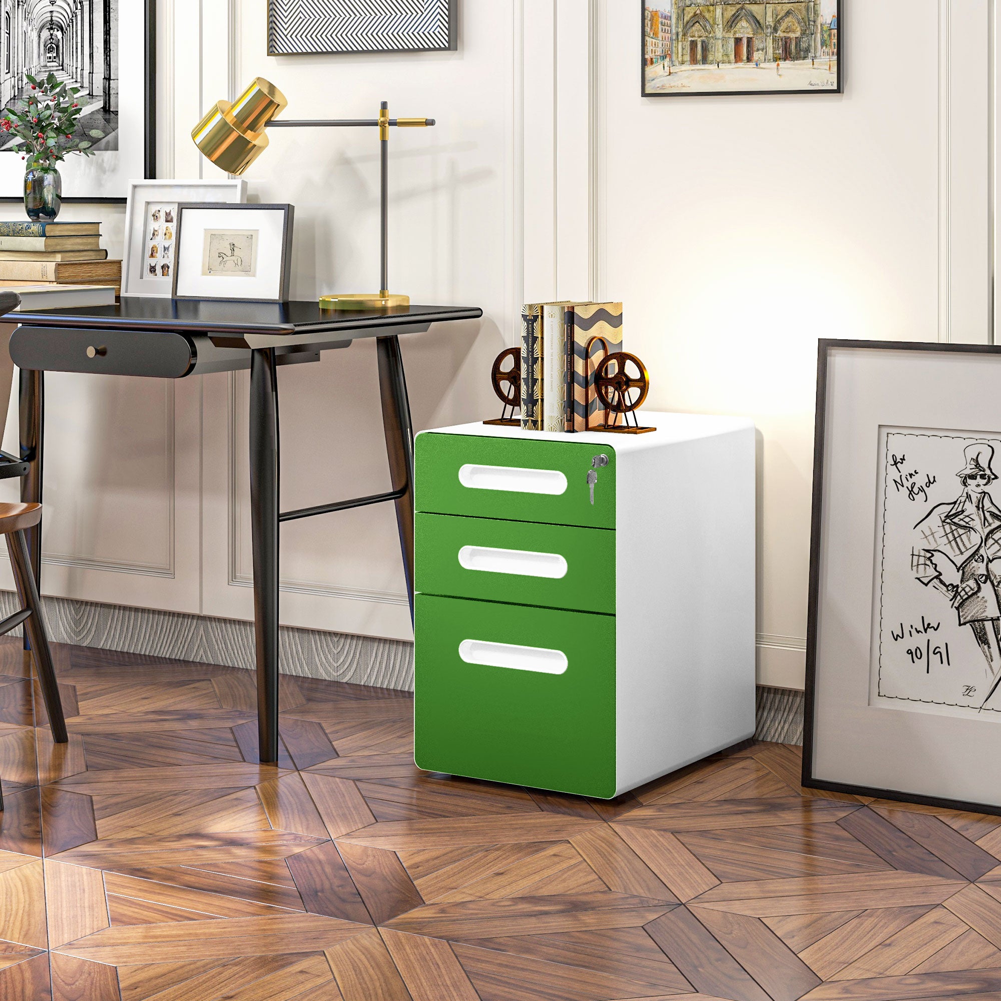 Vinsetto Lockable File Cabinet with 3 Drawers, Vertical Office Drawer for A4, Letter, Legal Size, Anti-tilt Design, Pre-Assembled Body, Green