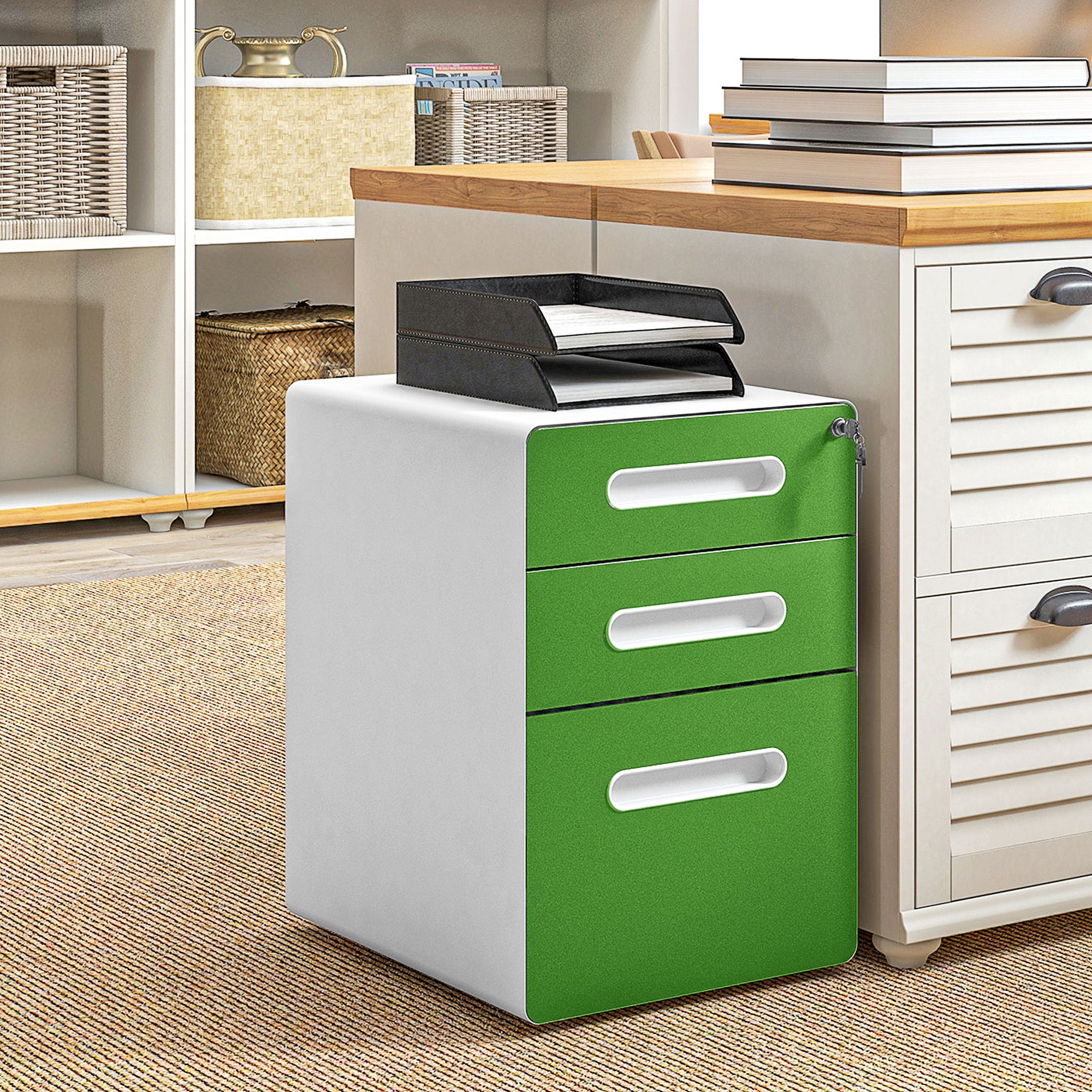 Vinsetto Lockable File Cabinet with 3 Drawers, Vertical Office Drawer for A4, Letter, Legal Size, Anti-tilt Design, Pre-Assembled Body, Green