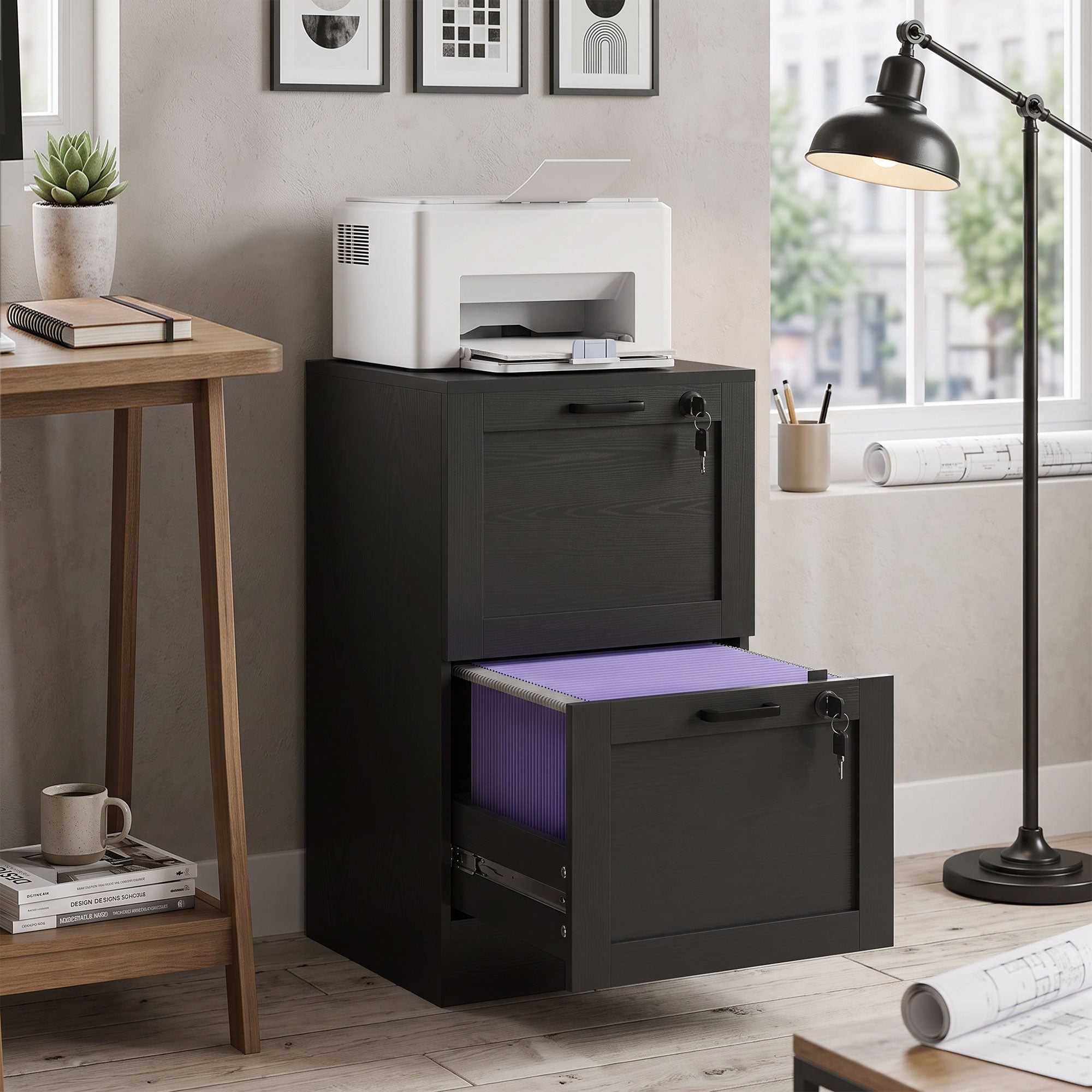 2 Drawer File Cabinet with Lock, Vertical Filing Cabinet with Adjustable Hanging Bars for A4 and Letter Size File Folders, Printer Stand with Storage, Black Wood Effect