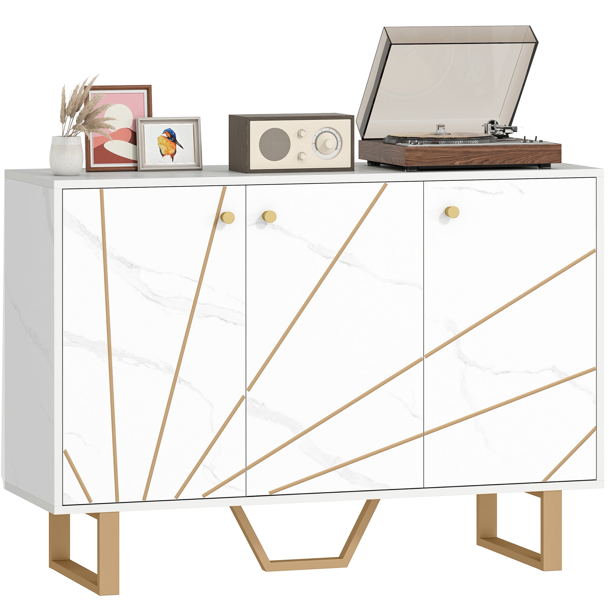 Sideboard Storage Cabinet, Modern Storage Cupboard with Adjustable Shelves and Metal Legs for Living Room, Kitchen, Dining Room, Entryway, White Marble Tone