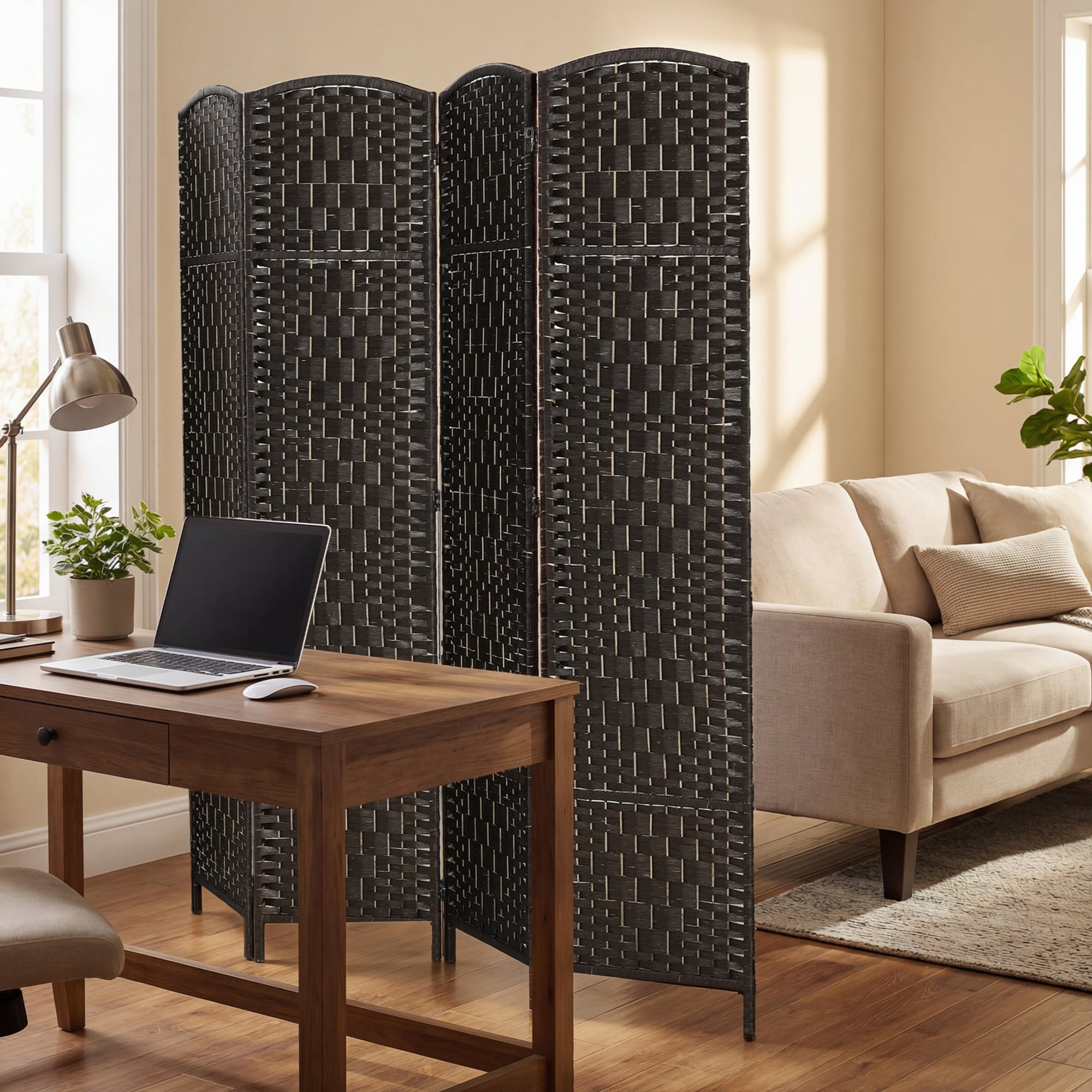 Room Divider, 4 Panel Folding Privacy Screen, 70.9" Tall Portable Wicker Weave Partition Wall Divider for Bedroom, Home Office, Coffee