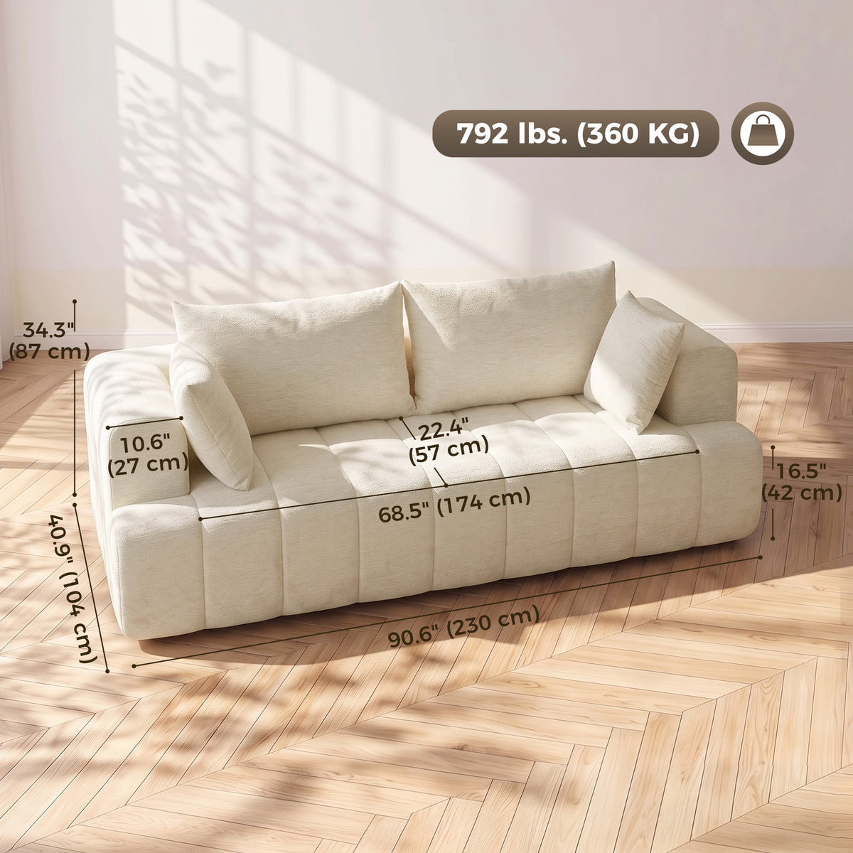 3 Seater Sofa, Chenille Boneless Cloud Couch with Thick Spring Cushion, Wide and Deep Seat, Wide Armrests, 2 Pillows, Anti-Slip Bottom, Modern Sofa Settee for Living Room, Beige