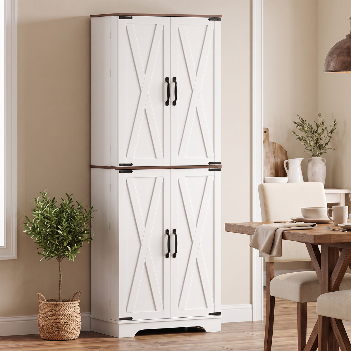 166cm Tall Kitchen Pantry Cabinet, Adjustable Shelves, Farmhouse Storage Cabinet with 8 Shelves and 16 Door Racks, Freestanding Food Pantry, Barn Doors, White and Brown