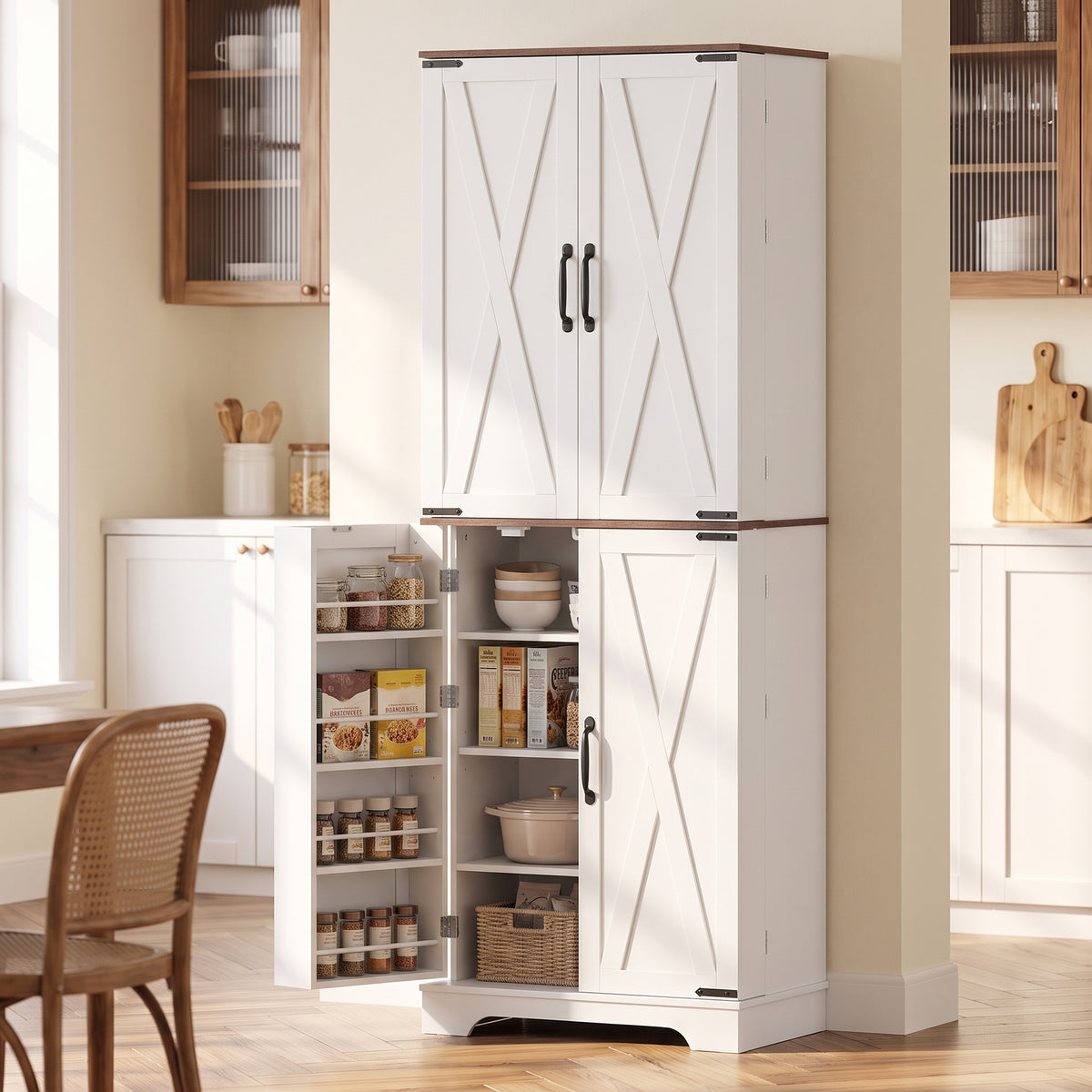 166cm Tall Kitchen Pantry Cabinet, Adjustable Shelves, Farmhouse Storage Cabinet with 8 Shelves and 16 Door Racks, Freestanding Food Pantry, Barn Doors, White and Brown