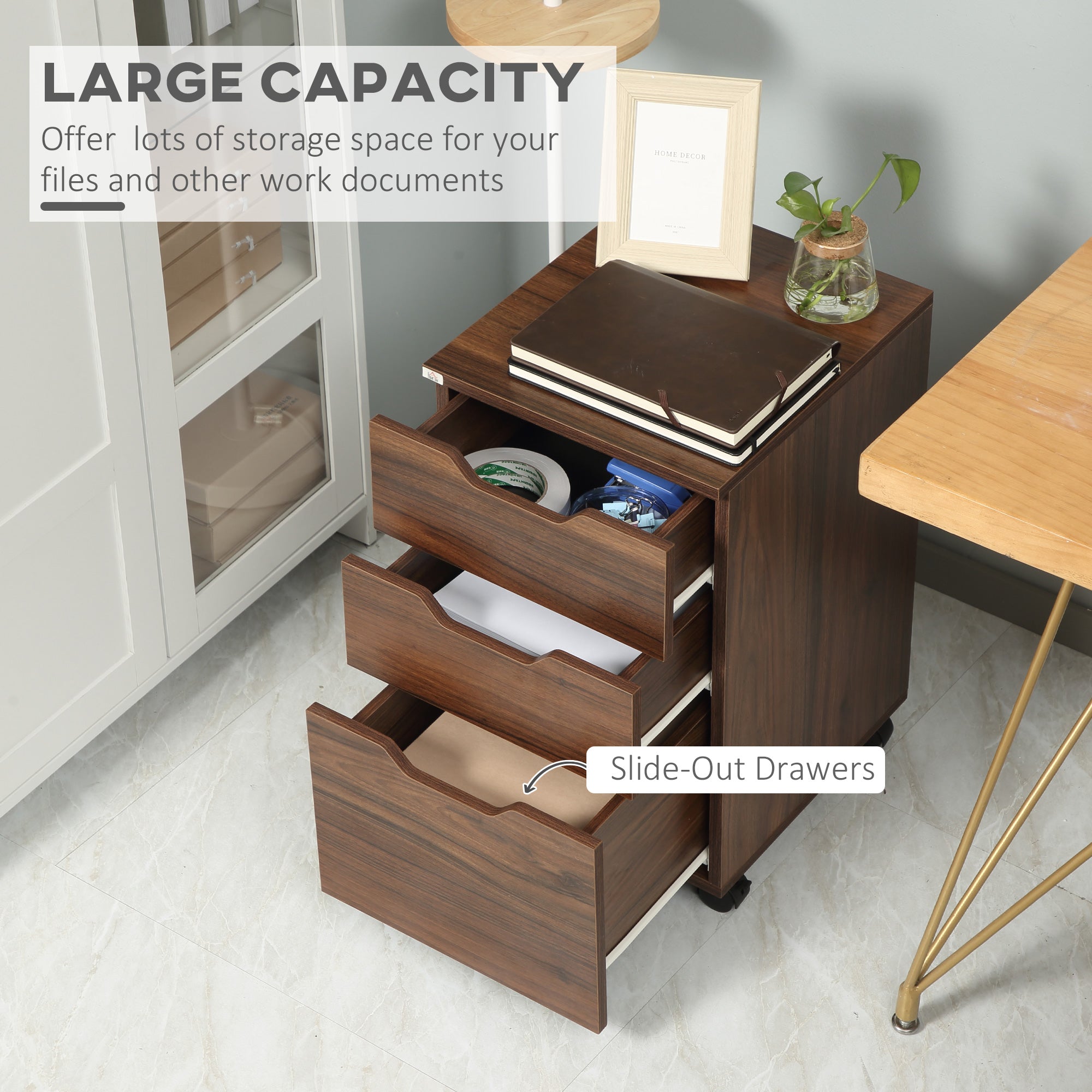 3 Drawer Mobile File Cabinet Rolling Printer Stand Vertical Filing Cabinet Brown Wood Grain