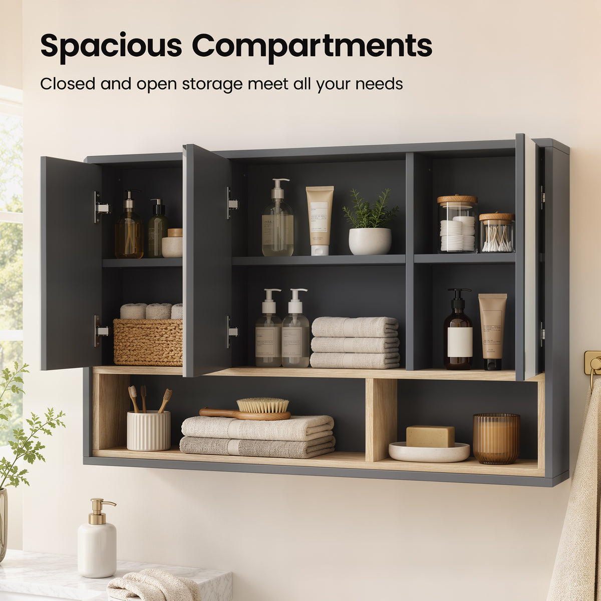 Medicine Cabinet with Mirror, Wall Mounted Bathroom Mirror Cabinet with Shelves, 3 Doors Storage Cabinet, Grey