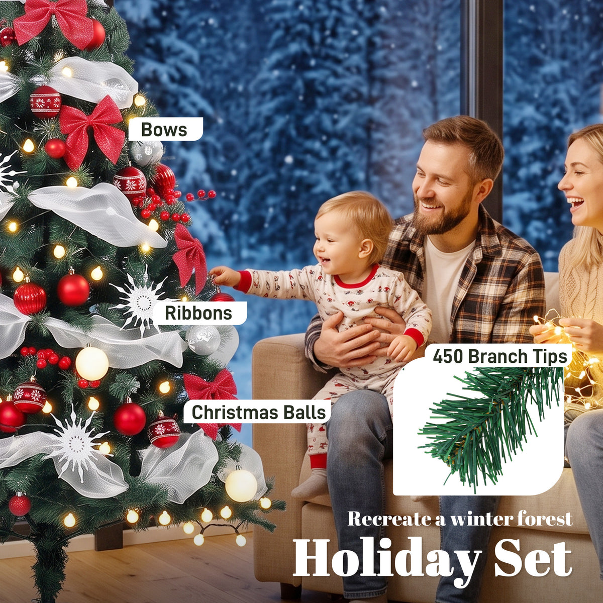 5ft Prelit Christmas Tree Spruce, Remote, Hinged, Artificial Xmas Tree with 8 Modes, 450 Tips, 150 LEDs, Balls, Ribbons, Bows, Foldable Metal Base, Green and Red