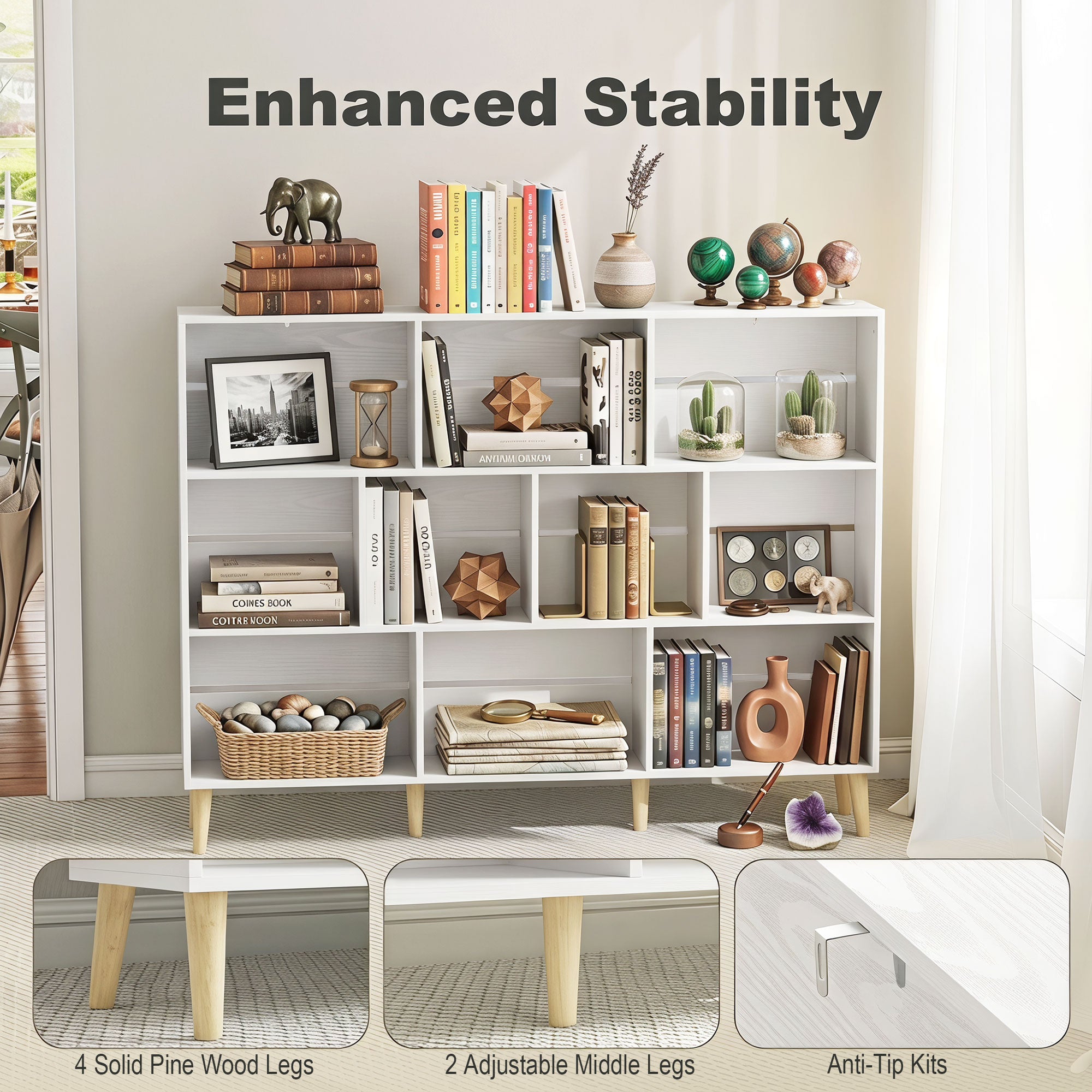 10-Cube Bookshelf, 3-Tier Bookcase with Solid Wood Legs, 140 cm Modern Freestanding Book Shelf with Anti-Tip Kit for Bedroom Living Room Study Office, White Wood Effect