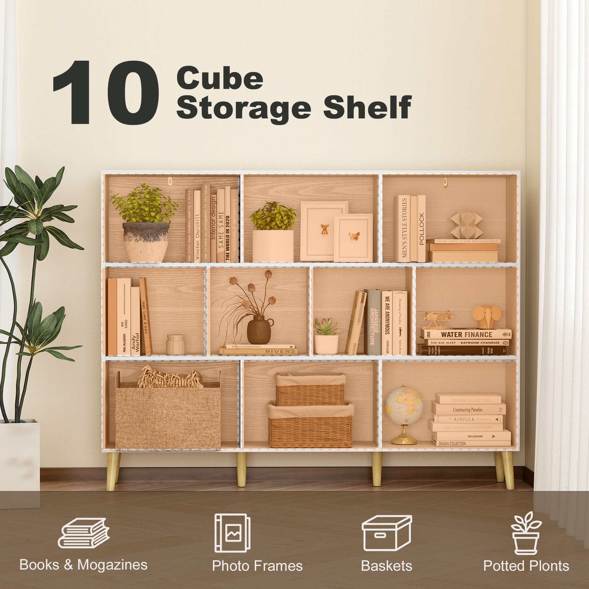 10-Cube Bookshelf, 3-Tier Bookcase with Solid Wood Legs, 140 cm Modern Freestanding Book Shelf with Anti-Tip Kit for Bedroom Living Room Study Office, White Wood Effect