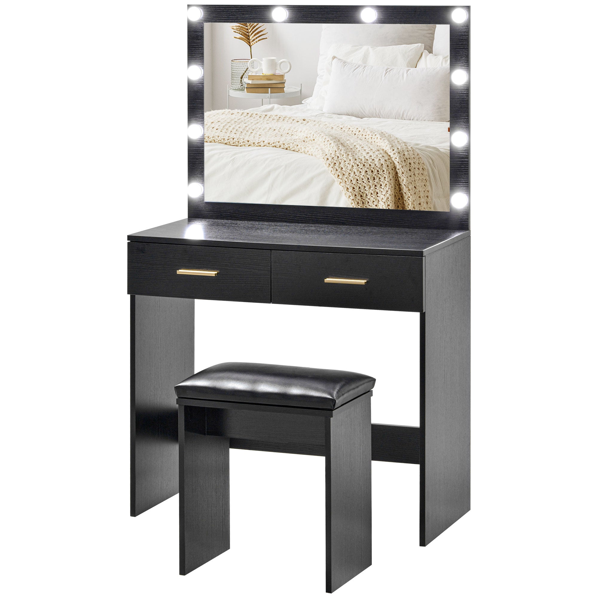 HOMCOM Vanity Set with Lighted Mirror and Stool, Makeup Vanity Desk with Drawers, 2 Lighting Modes, 10 Bulbs, Modern Dressing Table for Bedroom, Black