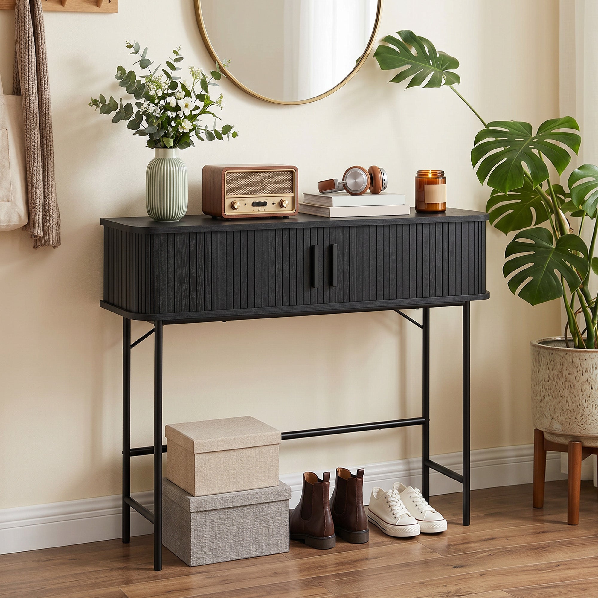 39" Narrow Console Table, Mid-Century Entryway Table with Storage Compartments and Slatted Tambour Swing Doors for Behind Couch, Living Room, Hallway, Black