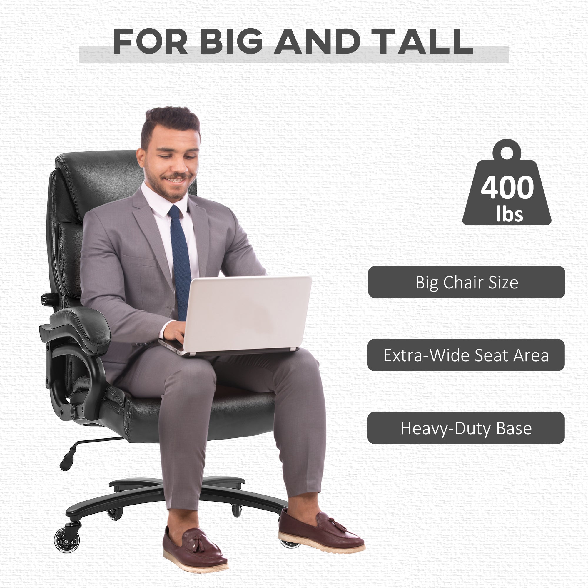 Big and Tall Office Chair, 400 lbs, Executive Computer Chair with PU Leather, Adjustable Height, Black