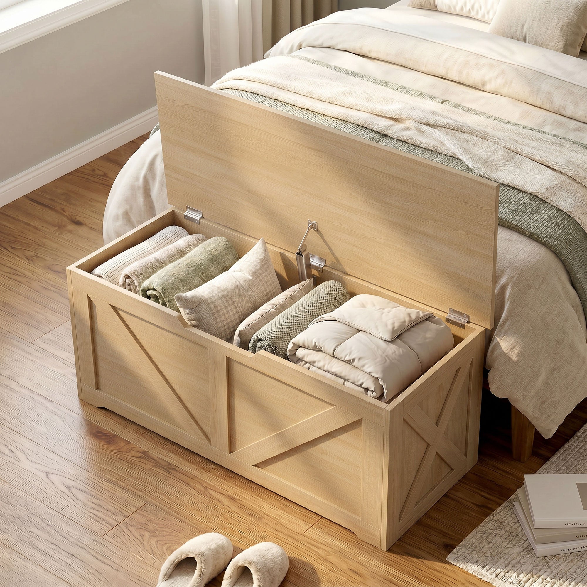 100L Storage Chest, Shoe Storage Trunk Bench Box with Safety Hinge and U-shaped Cut-out Pull, Blanket Box Ottoman for Bedroom, Living Room, Entryway, 80 x 40 x 45 cm, Nature Wood Finish