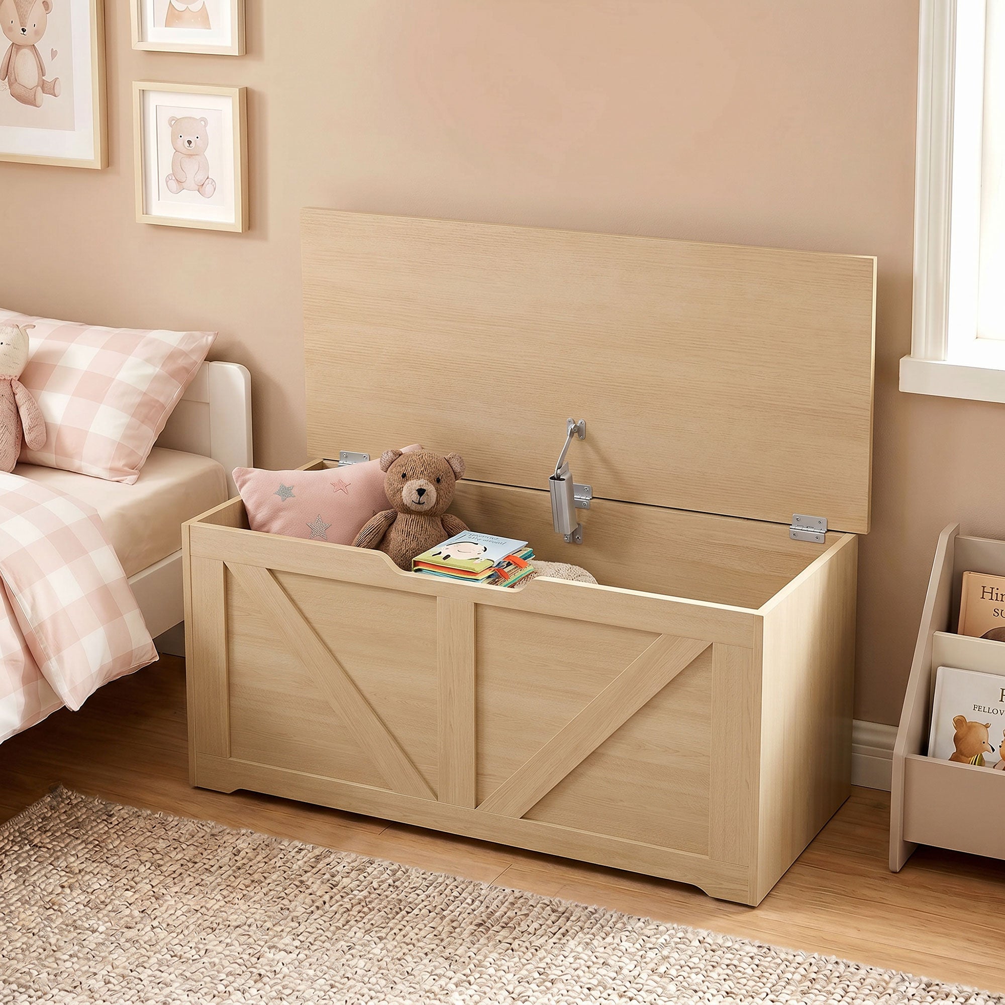 100L Storage Chest, Shoe Storage Trunk Bench Box with Safety Hinge and U-shaped Cut-out Pull, Blanket Box Ottoman for Bedroom, Living Room, Entryway, 80 x 40 x 45 cm, Nature Wood Finish