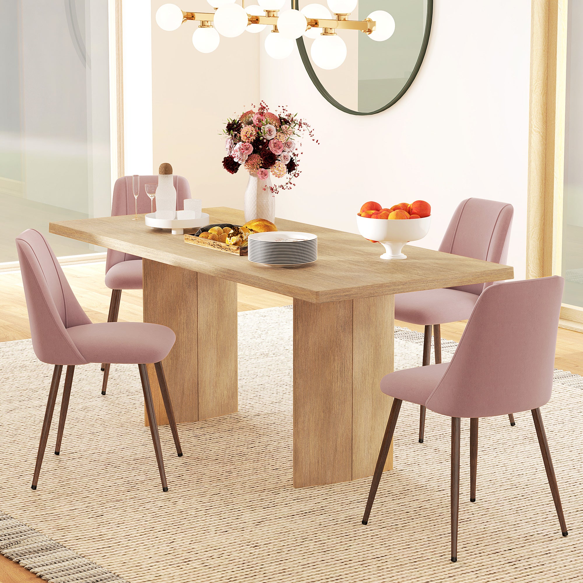 HOMCOM Dining Chairs Set of 4, Modern Kitchen Chairs with Velvet-touch Upholstery, Curved Back and Wood-grain Steel Legs, Accent Chairs for Living Room, Bedroom, Pink