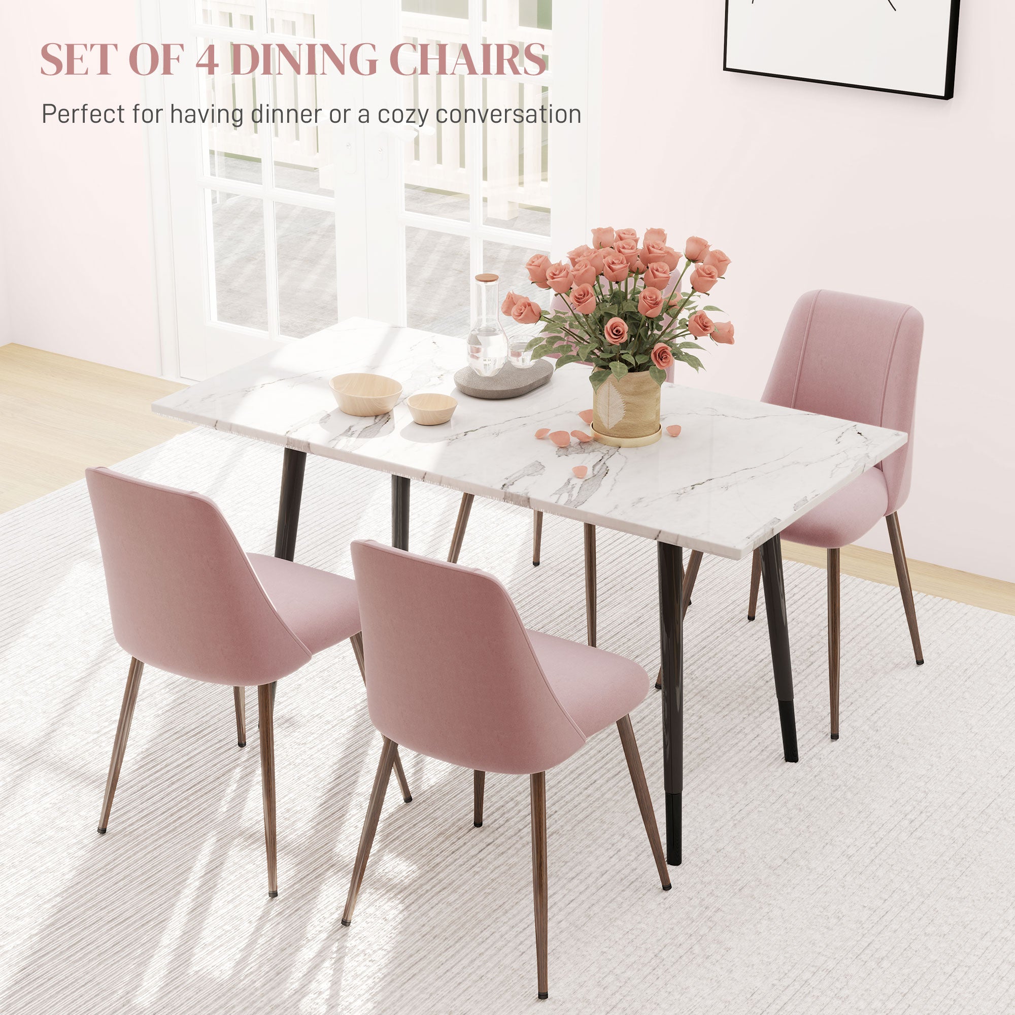 HOMCOM Dining Chairs Set of 4, Modern Kitchen Chairs with Velvet-touch Upholstery, Curved Back and Wood-grain Steel Legs, Accent Chairs for Living Room, Bedroom, Pink