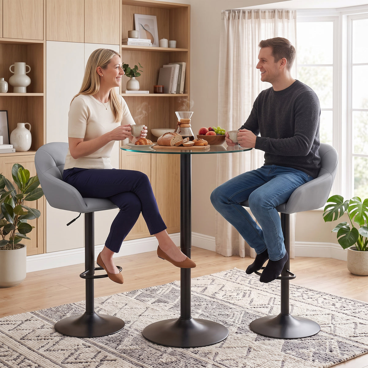 Breakfast Bar Stools Set of 2, Modern Faux Leather Swivel Barstools, Adjustable Counter Height Bar Chairs with Backrest, Arm, Footrest for Kitchen Island, Dining Room, Bar, Grey