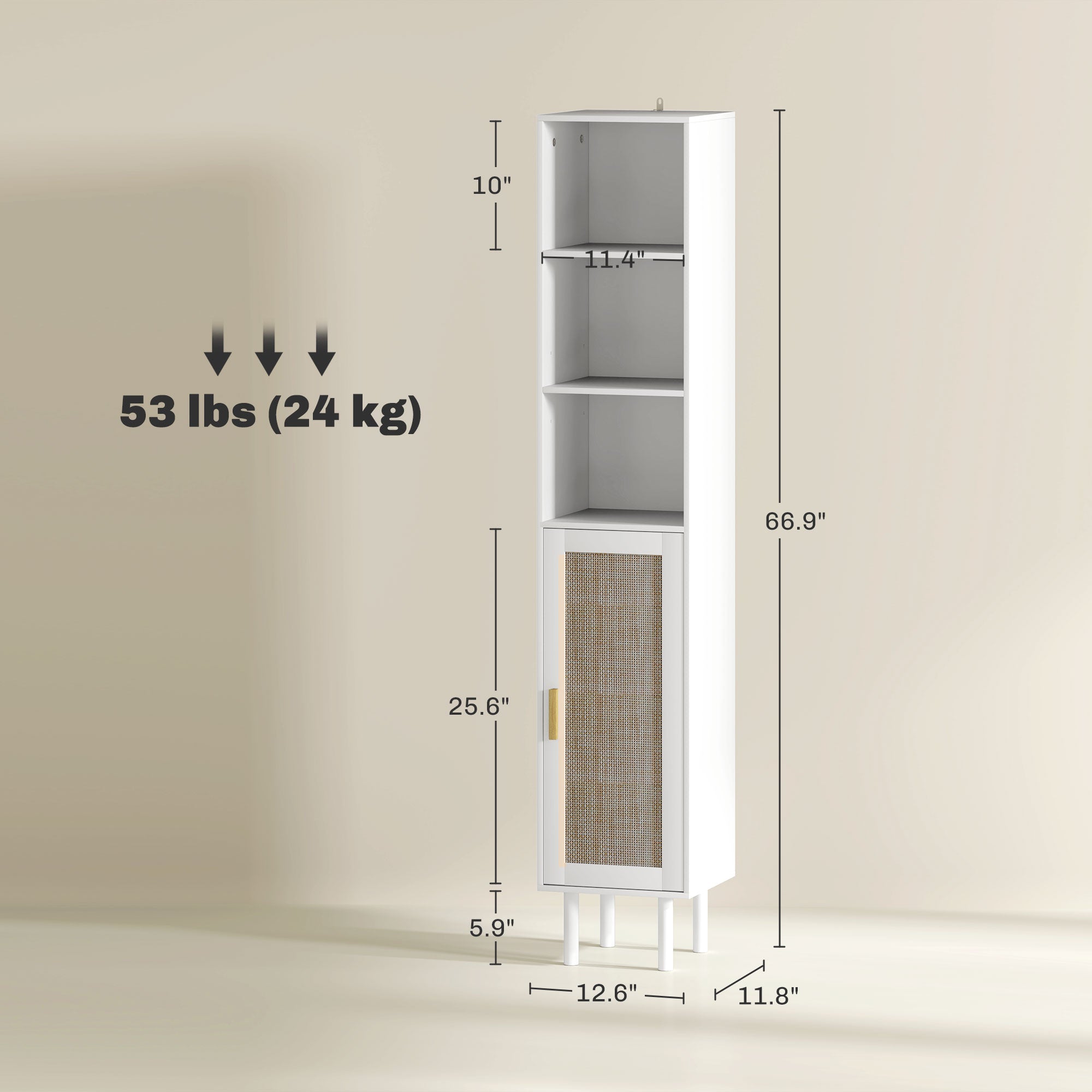 Tall Bathroom Cabinet with Rattan Doors Freestanding Storage with Adjustable Shelves White