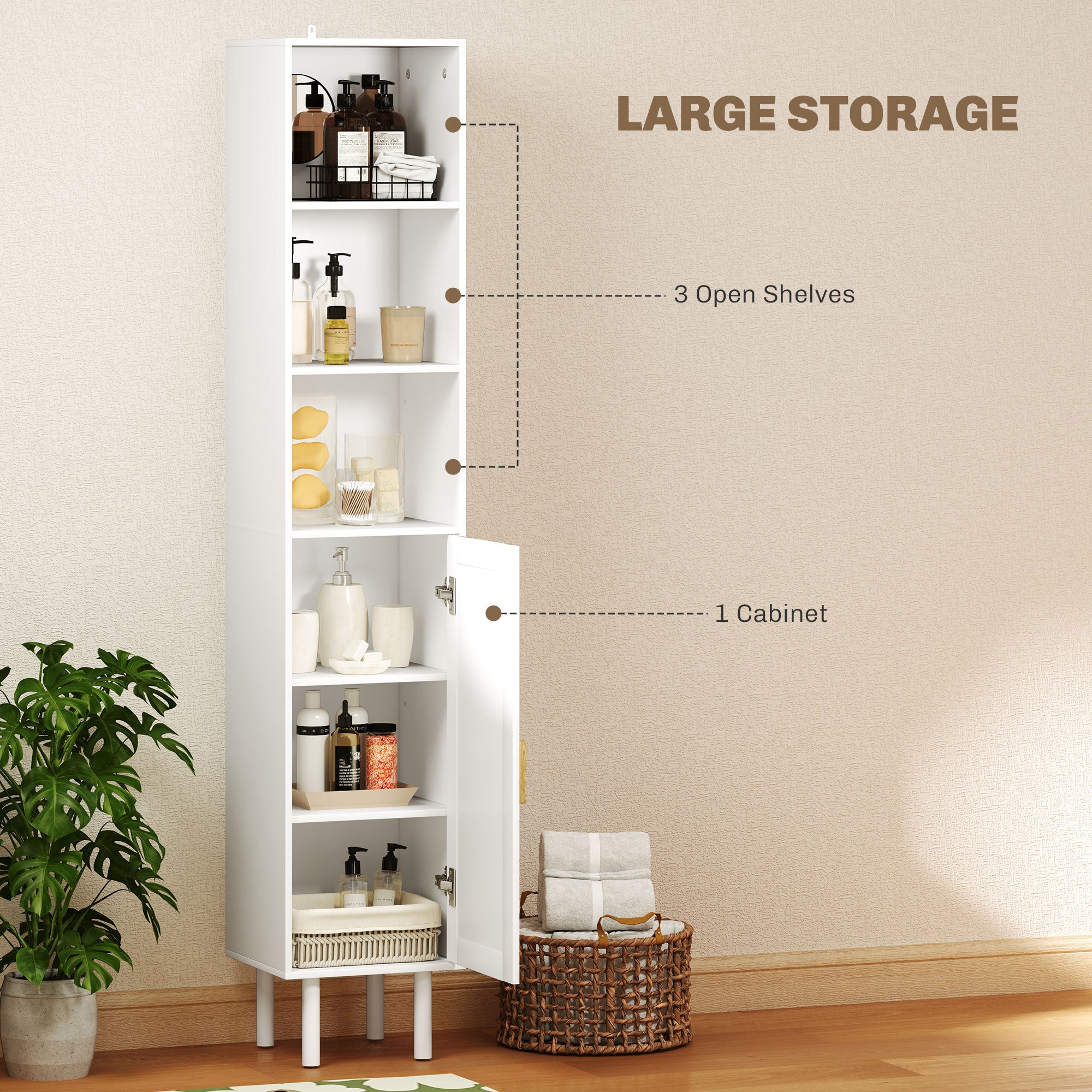 Tall Bathroom Cabinet with Rattan Doors Freestanding Storage with Adjustable Shelves White