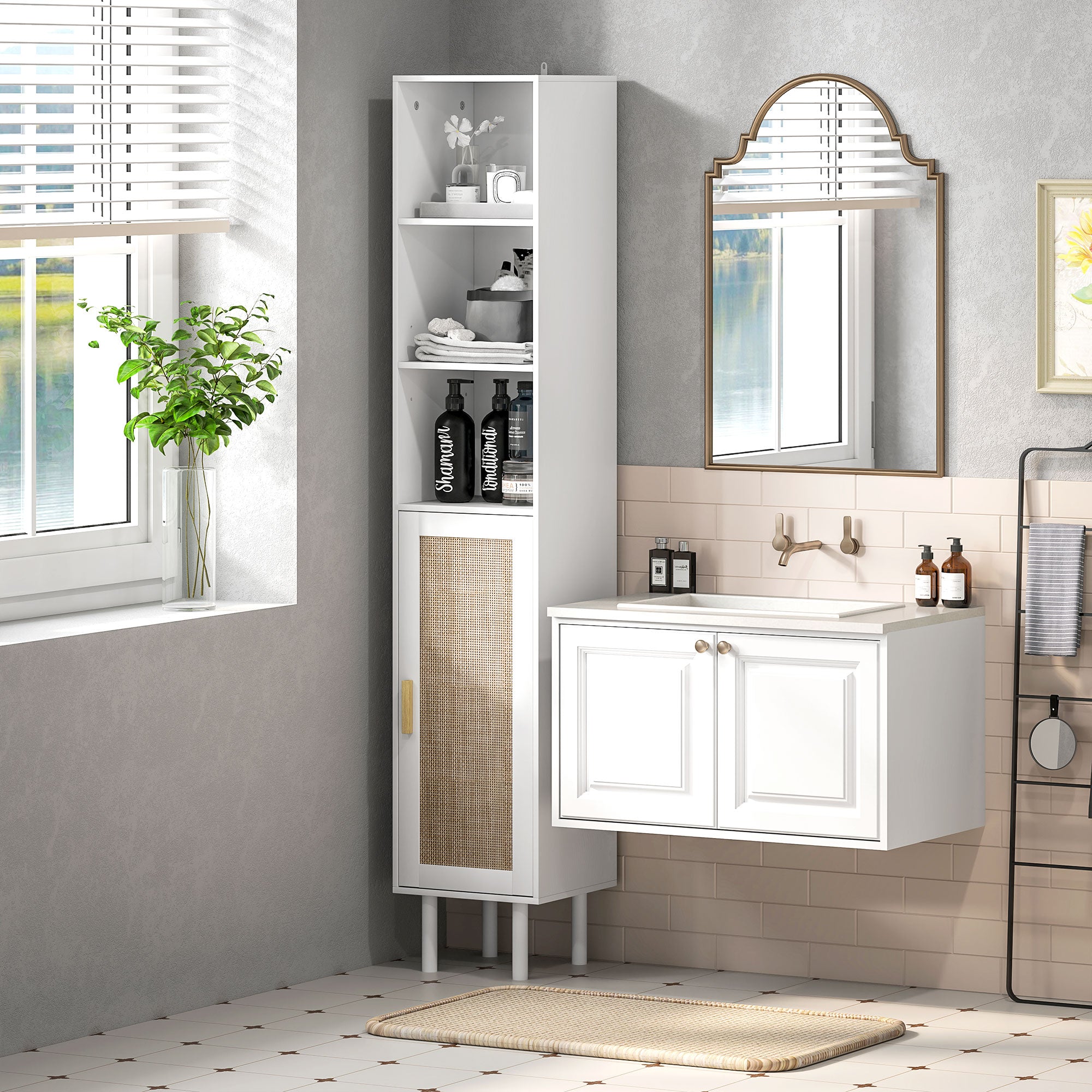 Tall Bathroom Cabinet with Rattan Doors Freestanding Storage with Adjustable Shelves White