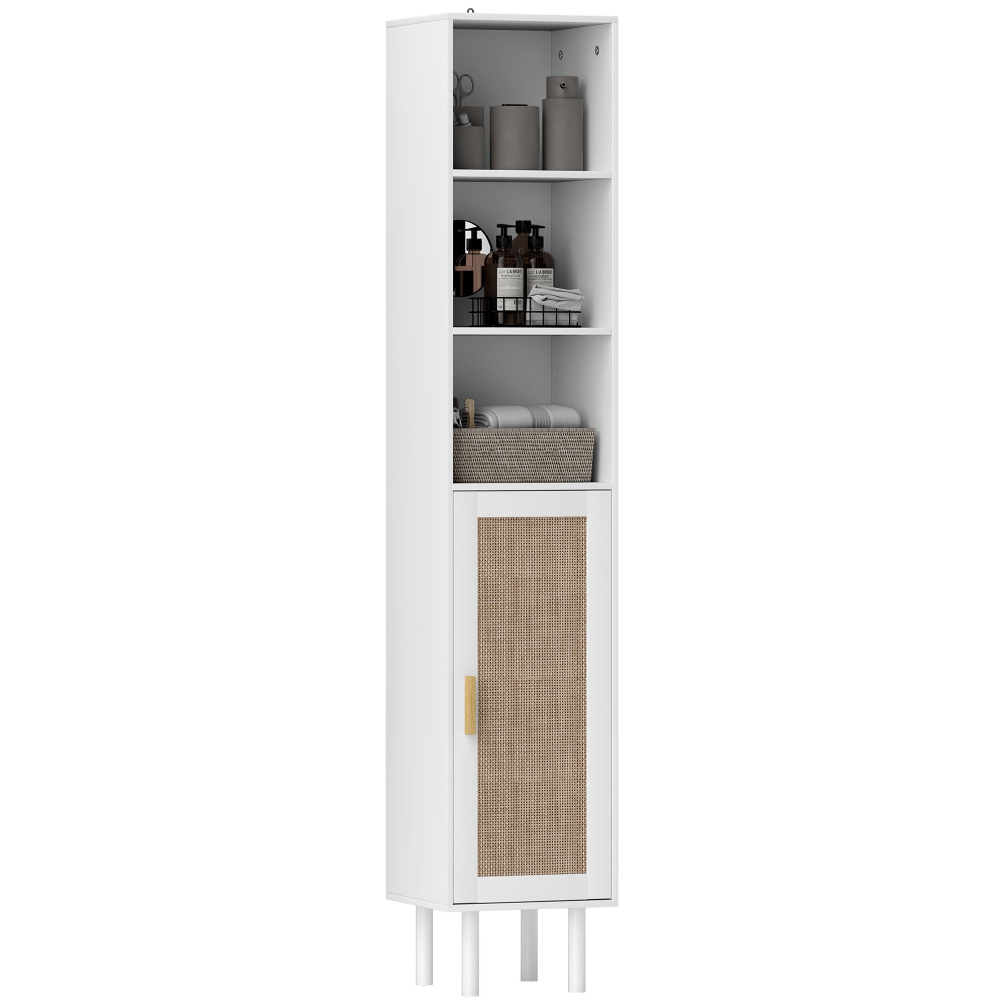 Tall Bathroom Cabinet with Rattan Doors Freestanding Storage with Adjustable Shelves White