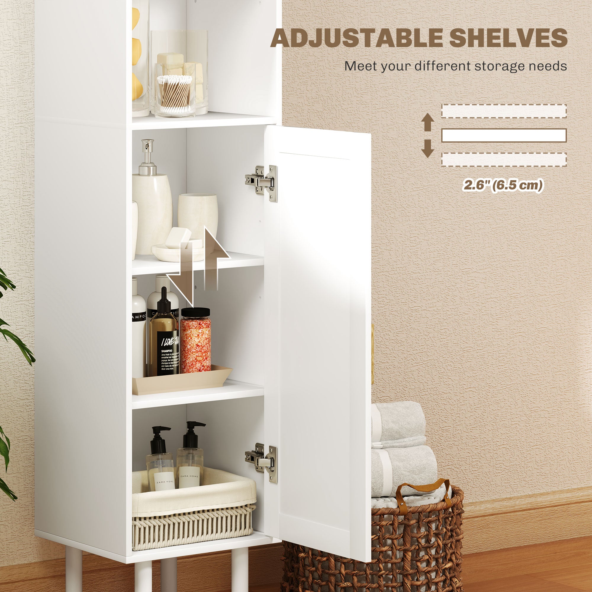 Tall Bathroom Cabinet with Rattan Doors Freestanding Storage with Adjustable Shelves White