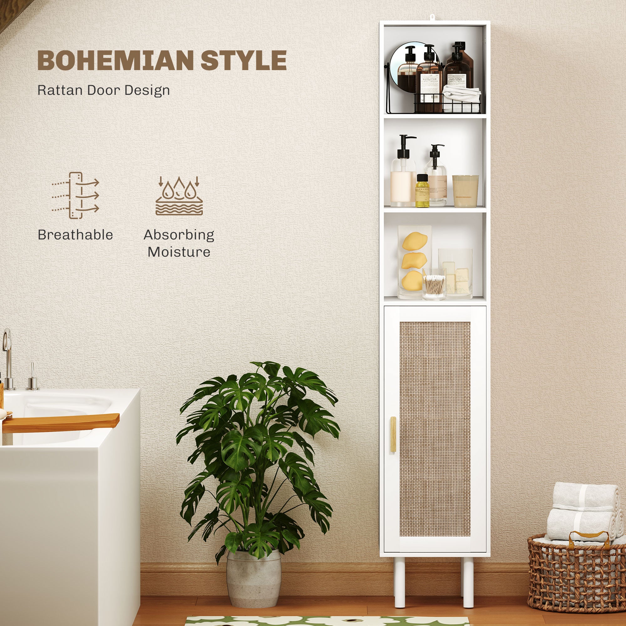 Tall Bathroom Cabinet with Rattan Doors Freestanding Storage with Adjustable Shelves White