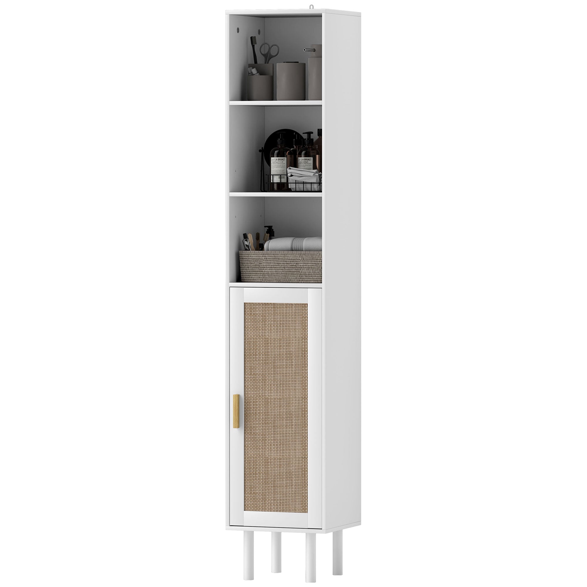 Tall Bathroom Cabinet with Rattan Doors Freestanding Storage with Adjustable Shelves White