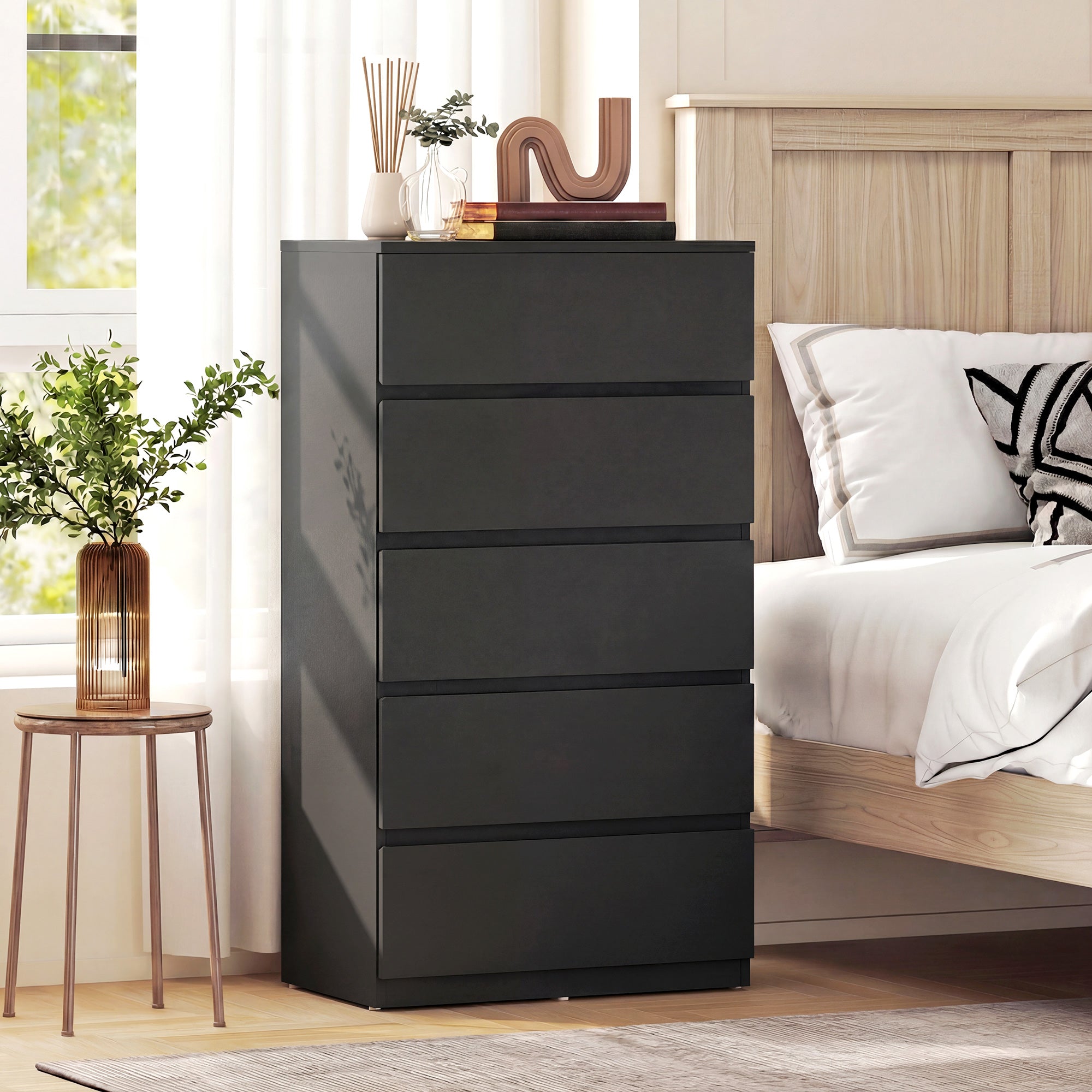 Chest of Drawers, 5 Drawers Storage Cabinet Floor Tower Cupboard for Bedroom Living Room, Black