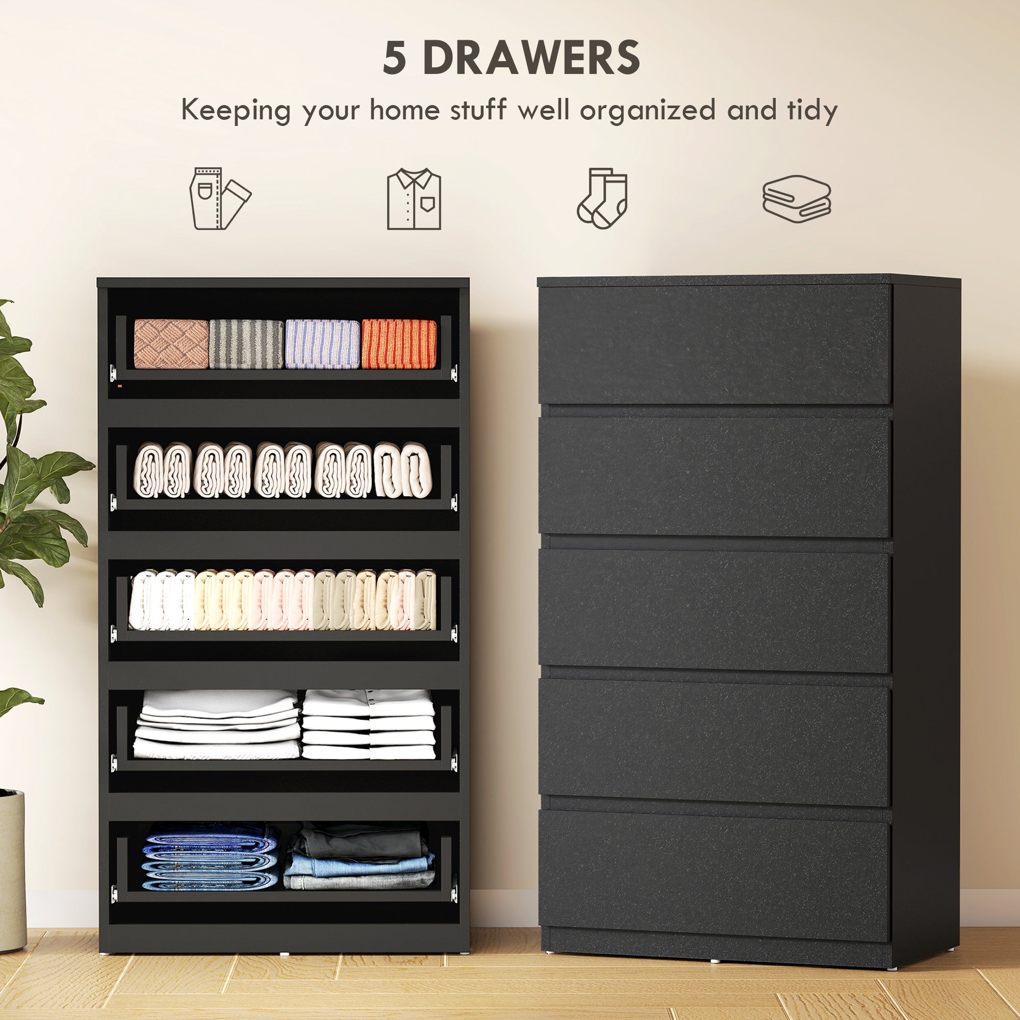 Chest of Drawers, 5 Drawers Storage Cabinet Floor Tower Cupboard for Bedroom Living Room, Black