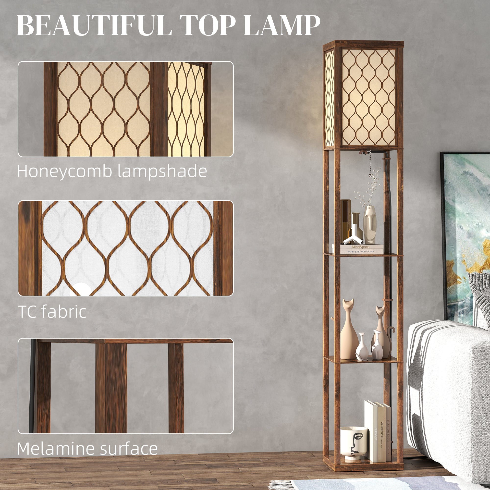 Floor Lamp with Shelves, Single Light, Modern Tall Standing Lamps for Living Room, Bedroom, with Chain Switch, Bulb not Included, Rustic Brown