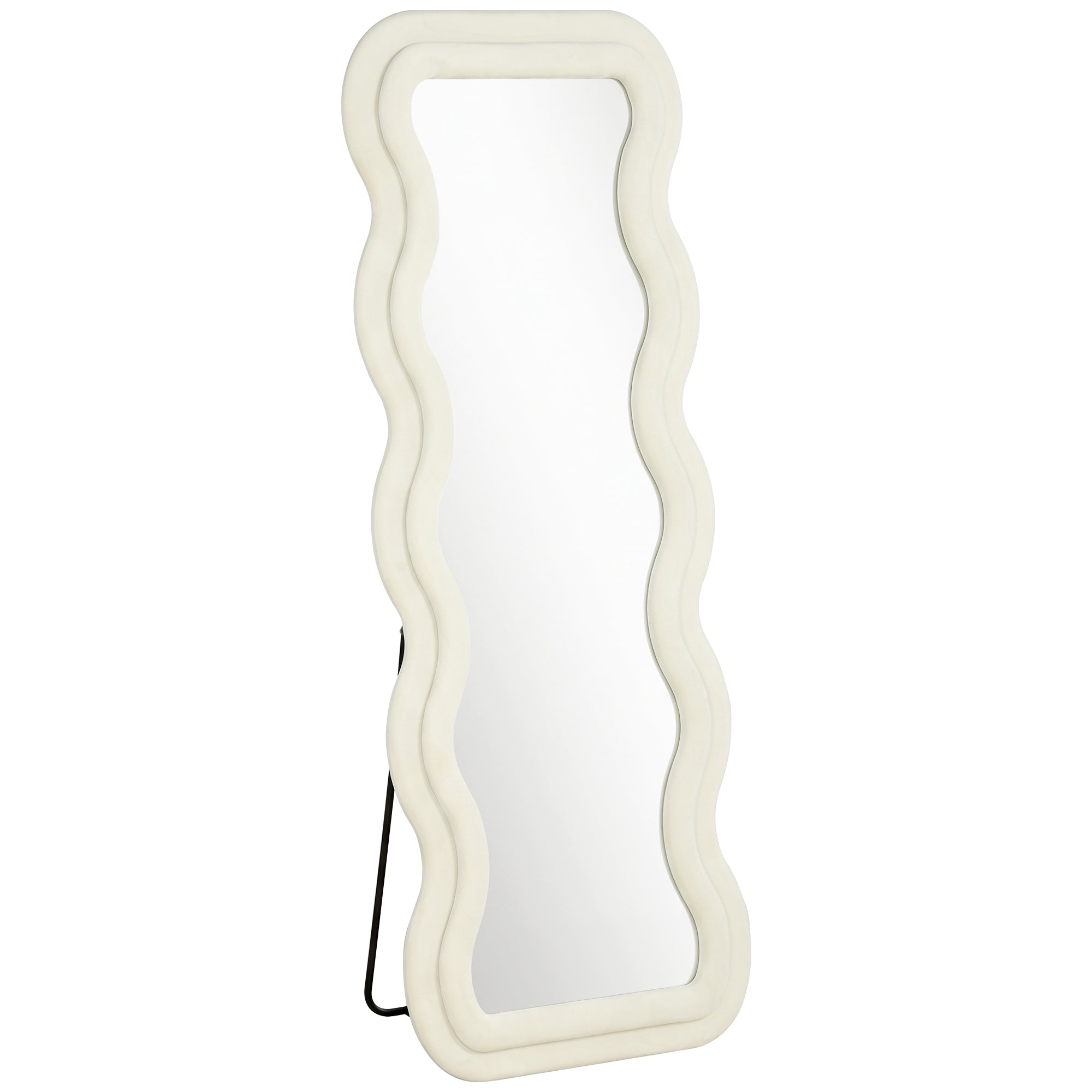 Full Length Mirror, 160 x 60 cm Wavy Large Full Body Standing Mirror with Velvet Frame, HD Tempered Glass, Floor Standing, Wall Hanging or Leaning for Bedroom,  Living Room, Cream White