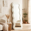 Full Length Mirror, 160 x 60 cm Wavy Large Full Body Standing Mirror with Velvet Frame, HD Tempered Glass, Floor Standing, Wall Hanging or Leaning for Bedroom,  Living Room, Cream White