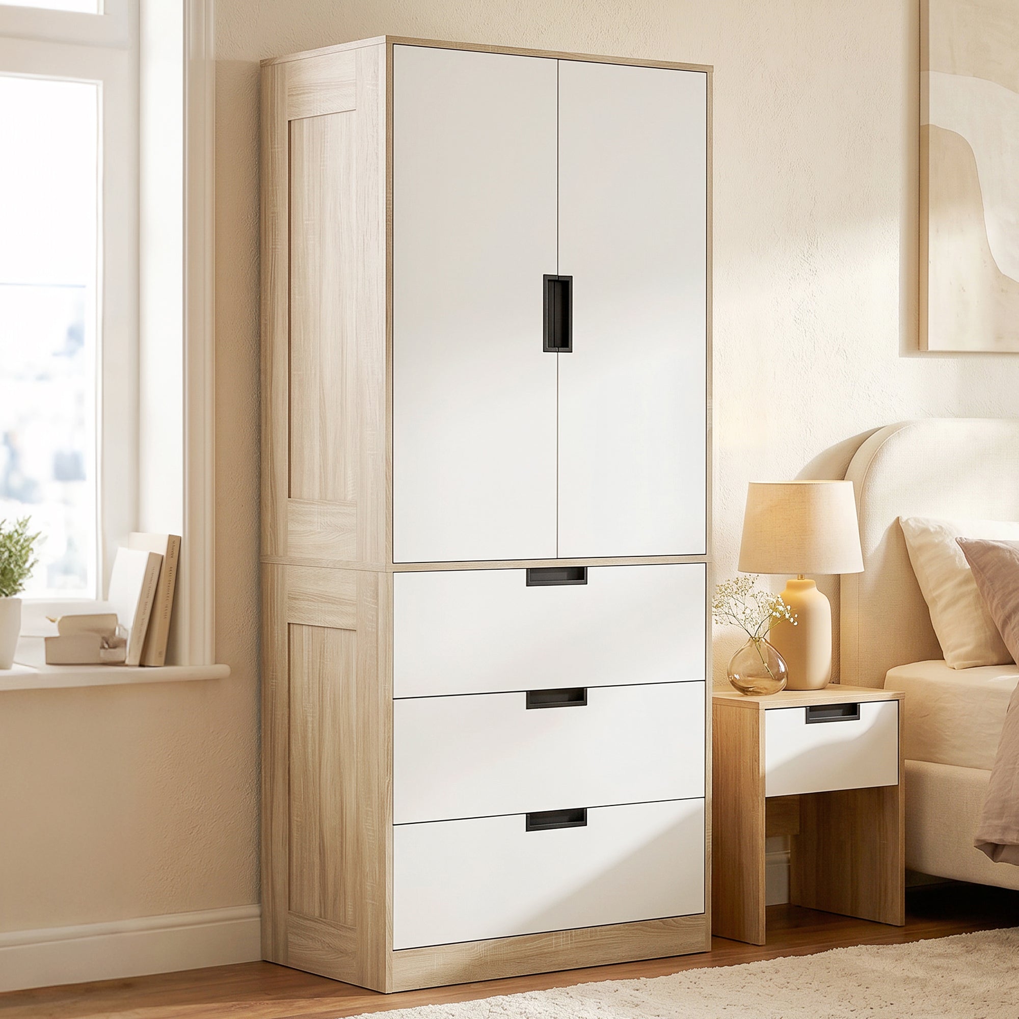 2 Door Wardrobe with 3 Drawers & Hanging Rail, Modern Clothes Storage Cupboard Unit, Bedroom Wardrobe with Soft Closing Hinge, 50D x 80W x 180Hcm, Oak