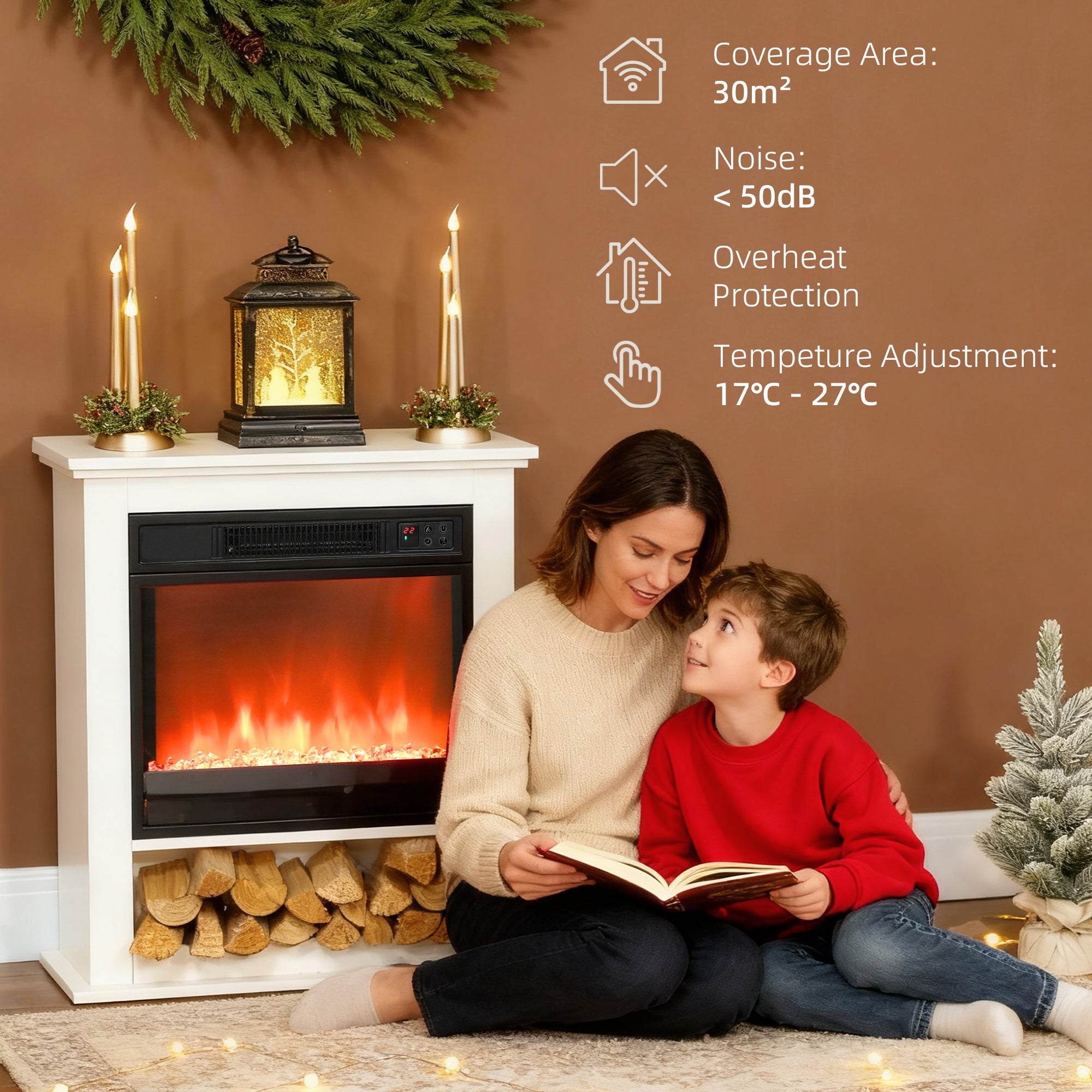 Electric Fireplace with 9 Colours Realistic Flame Effect & 5 Brightness Levels, 1800W Freestanding White Electric Fire and Mantel Reach up to 30㎡ Space with Remote & Timer for Living Room