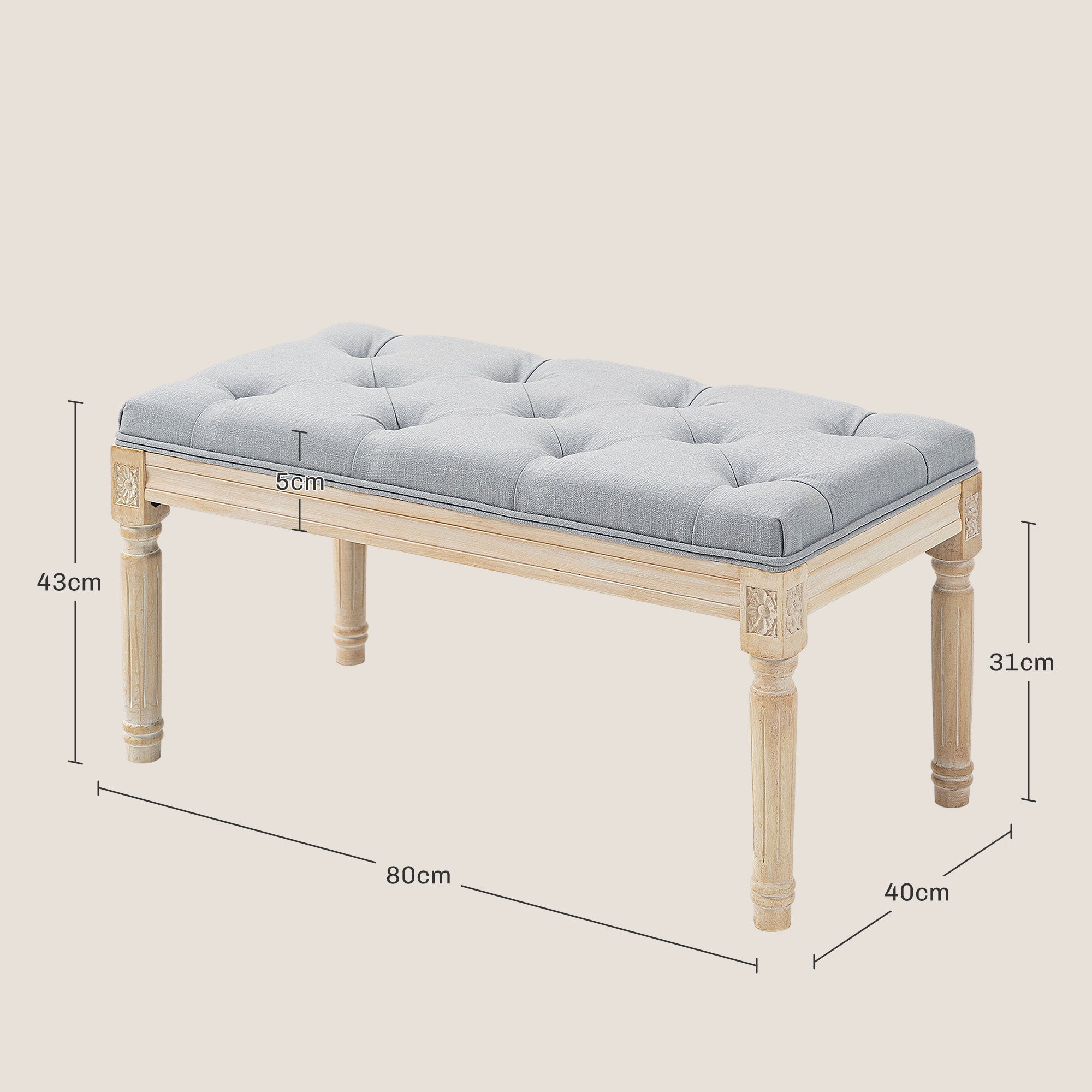 HOMCOM 80cm End of Bed Bench, Window Seat, Tufted Bench for Bedroom, Hallway, Living Room, Light Grey