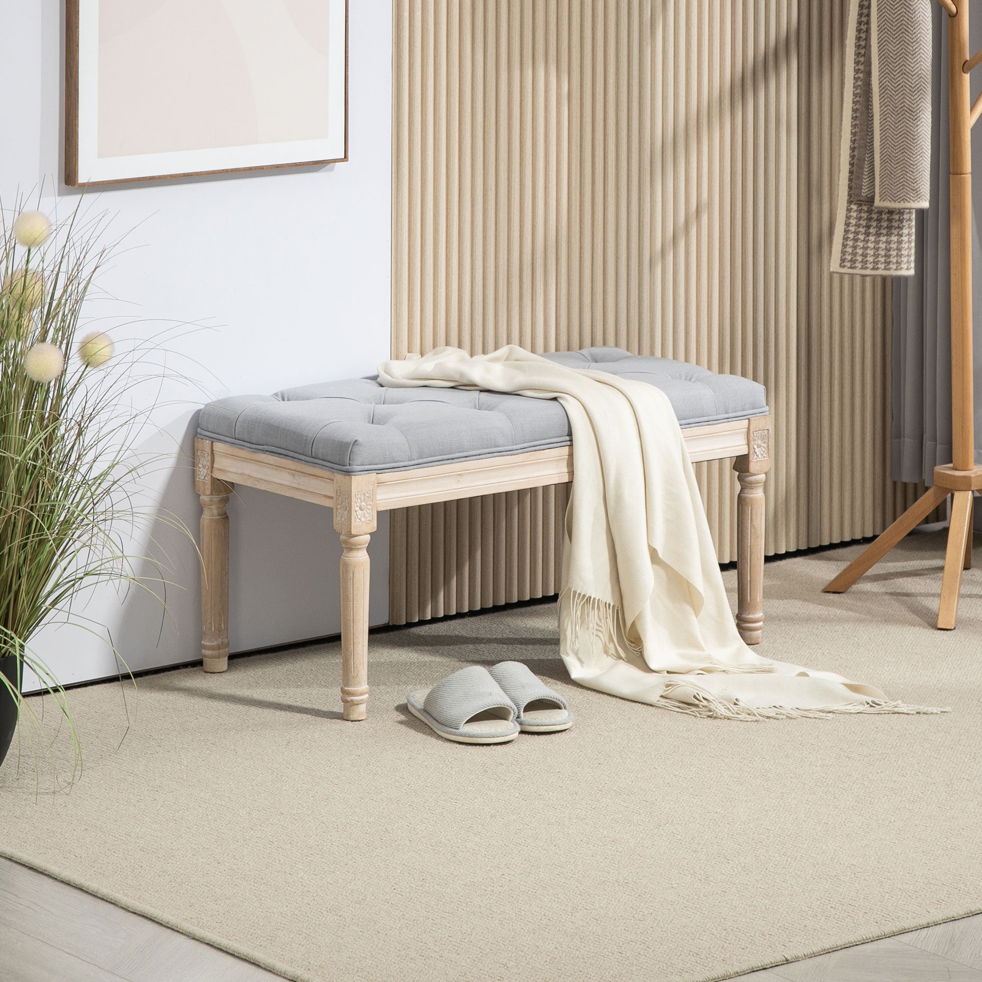 HOMCOM 80cm End of Bed Bench, Window Seat, Tufted Bench for Bedroom, Hallway, Living Room, Light Grey