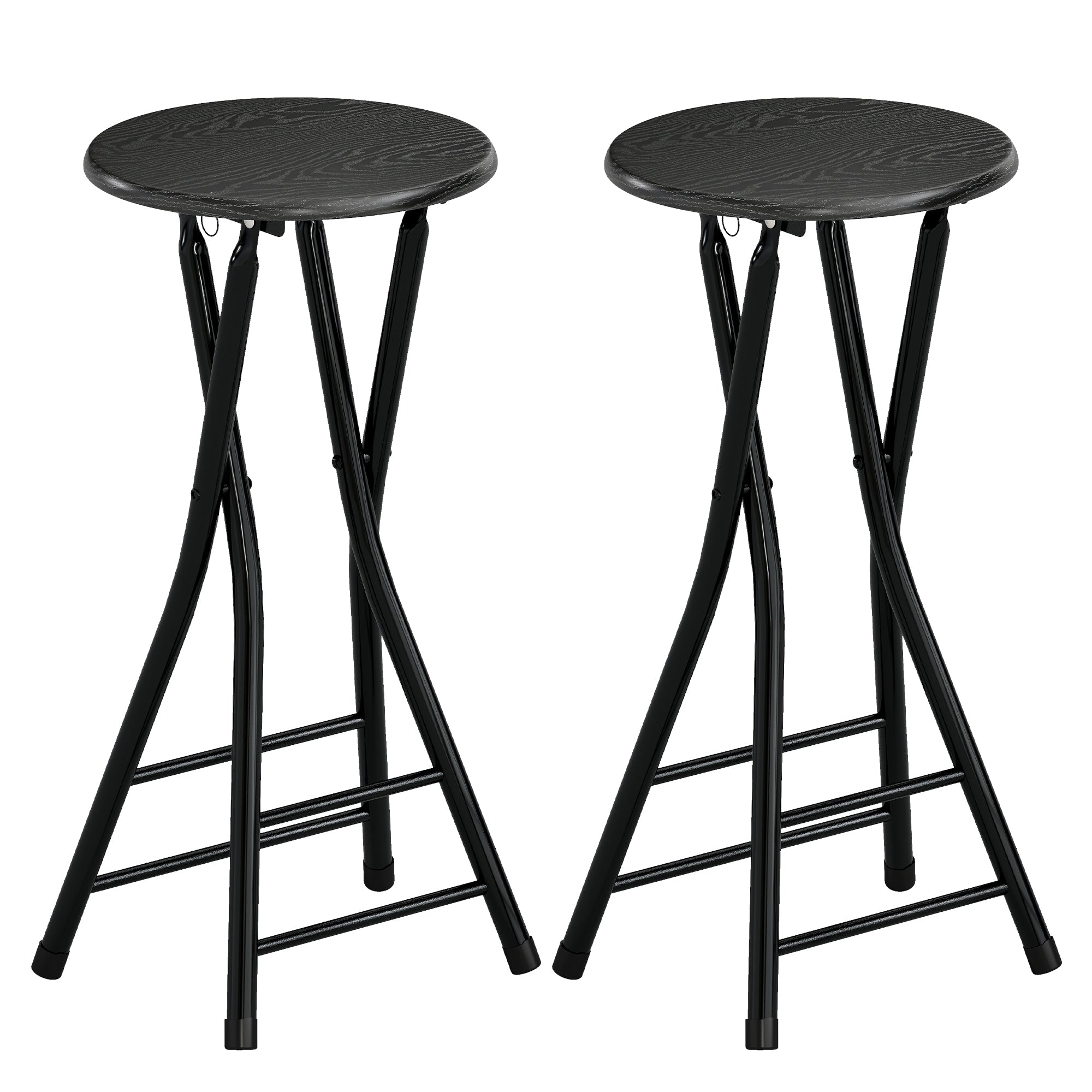 Foldable Bar Stools Set of 2, 24" Counter Height Round Bar Chairs with Double Footrest, Folding Barstools for Kitchen Island, Black